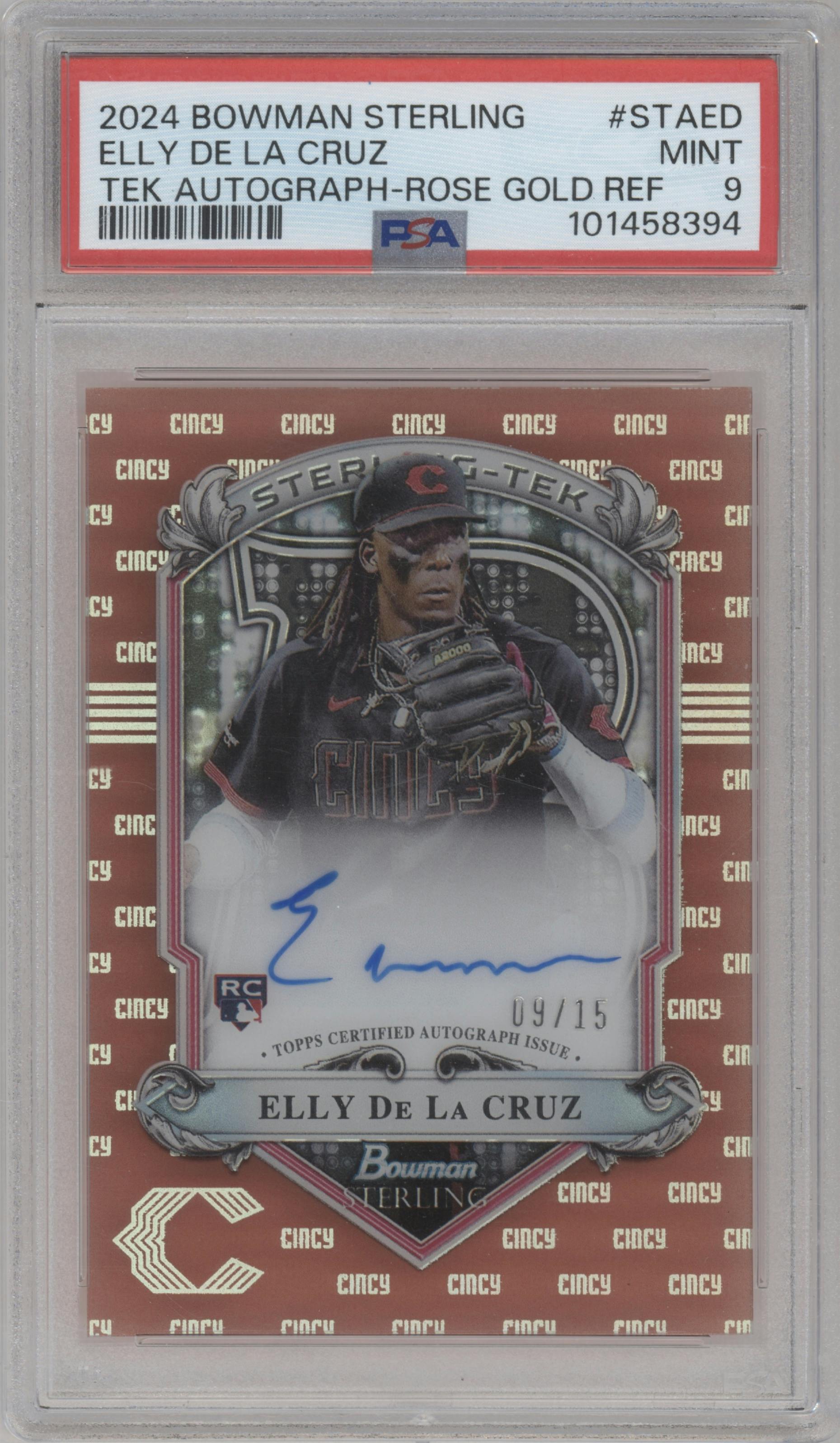 Elly De La Cruz from the 2024 Bowman Sterling set featuring a Rose Gold Refractor parallel graded by PSA and given an overall grade of 9.