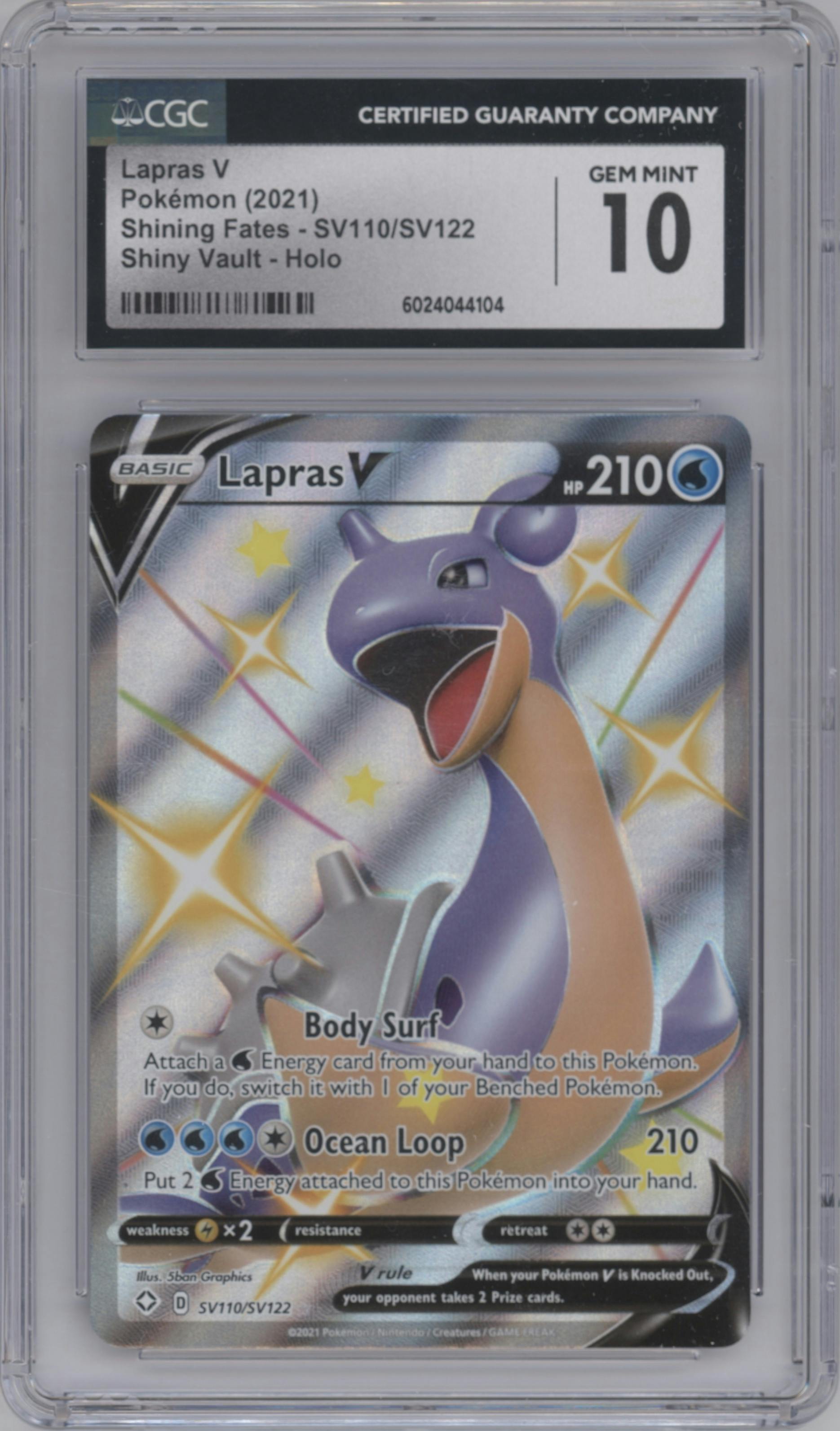 Lapras V from the 2021 Pokemon SWSH set graded by CSG and given an overall grade of 10.
