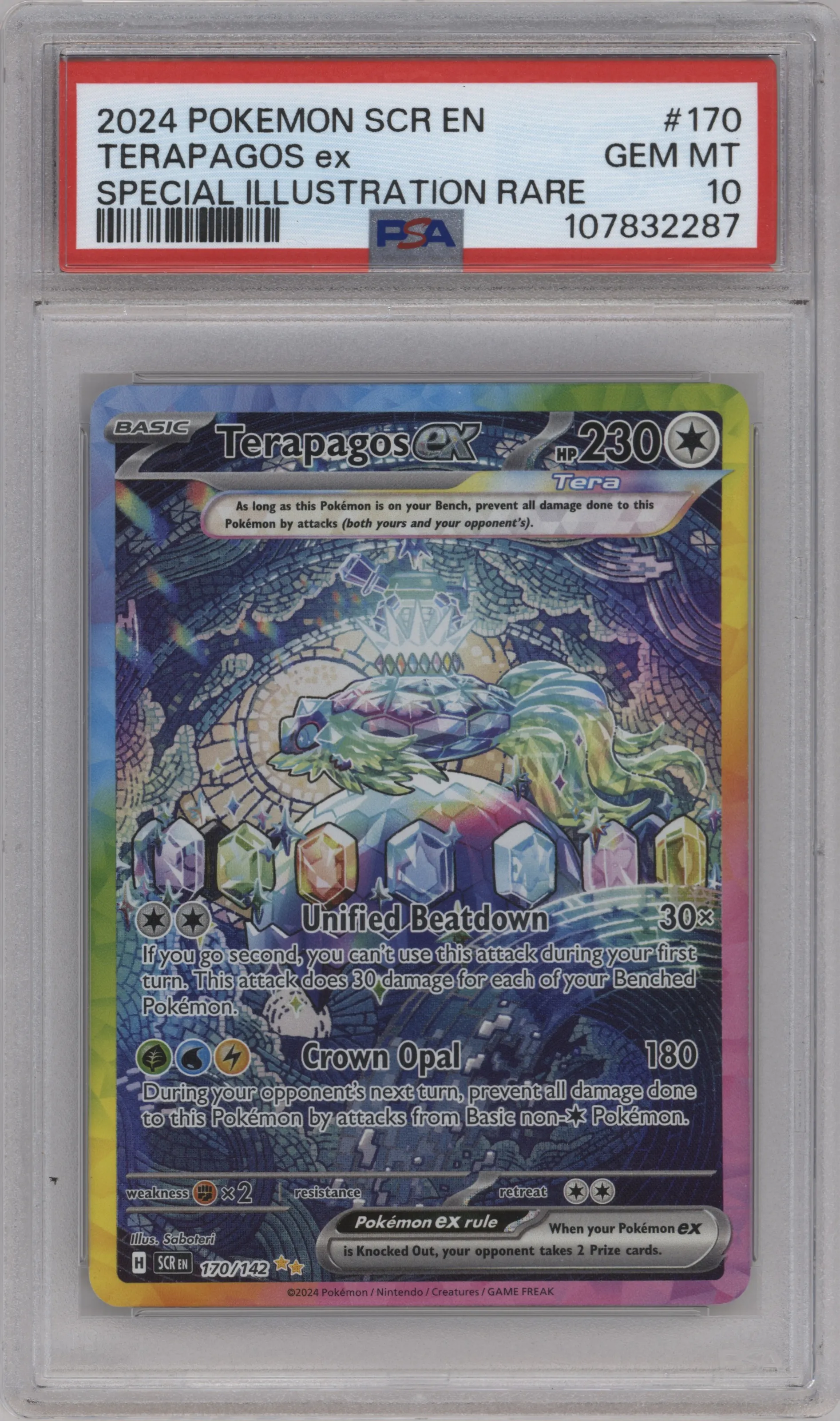 Terapagos ex from the 2024 Pokemon SV set graded by PSA and given an overall grade of 10.