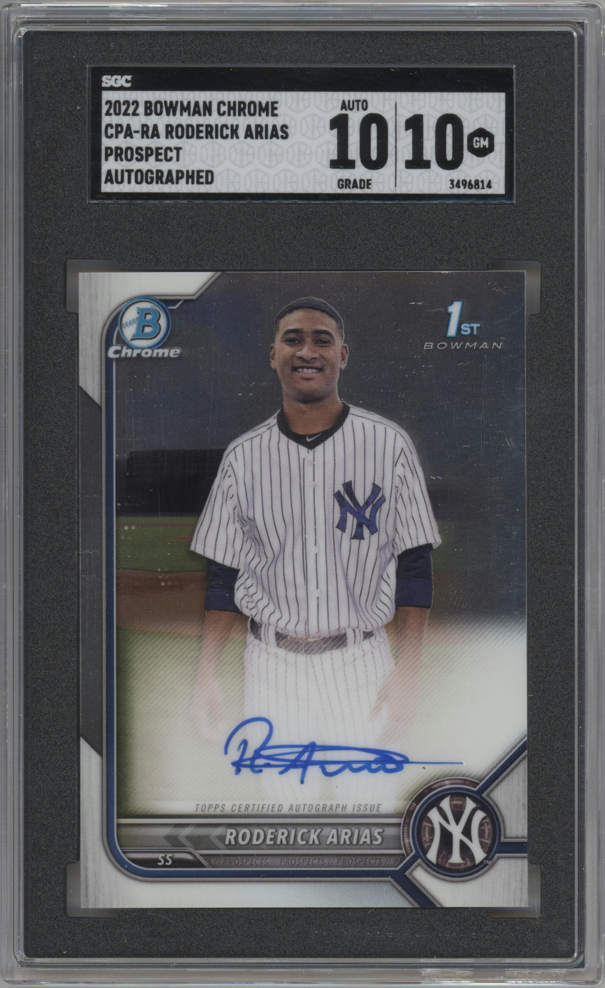 Roderick Arias from the 2022 Bowman Chrome set graded by SGC and given an overall grade of 10.