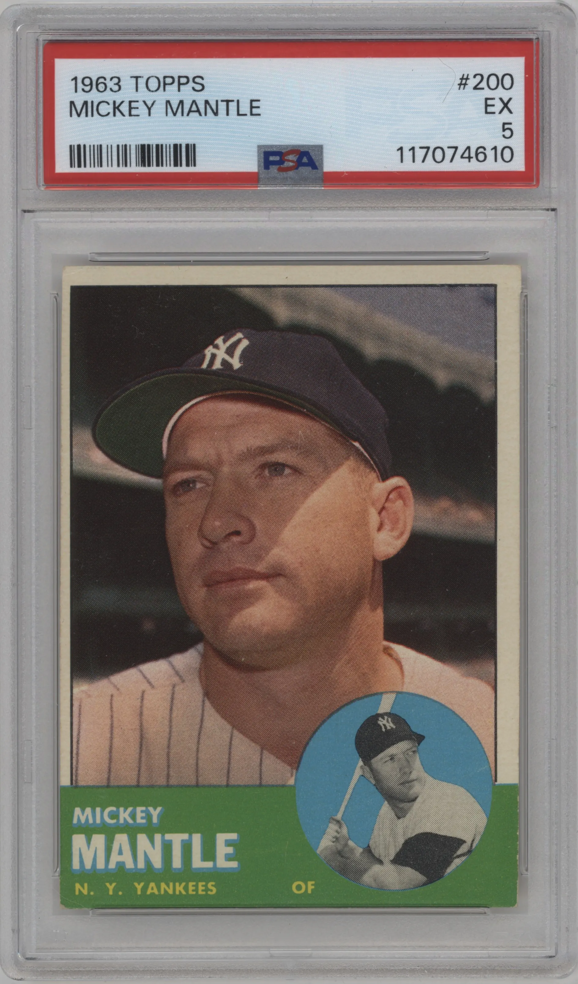 Mickey Mantle from the 1963 Topps set graded by PSA and given an overall grade of 5.