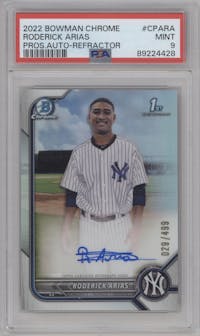 Roderick Arias from the 2022 Bowman Chrome set featuring a Refractor parallel graded by PSA and given an overall grade of 9.