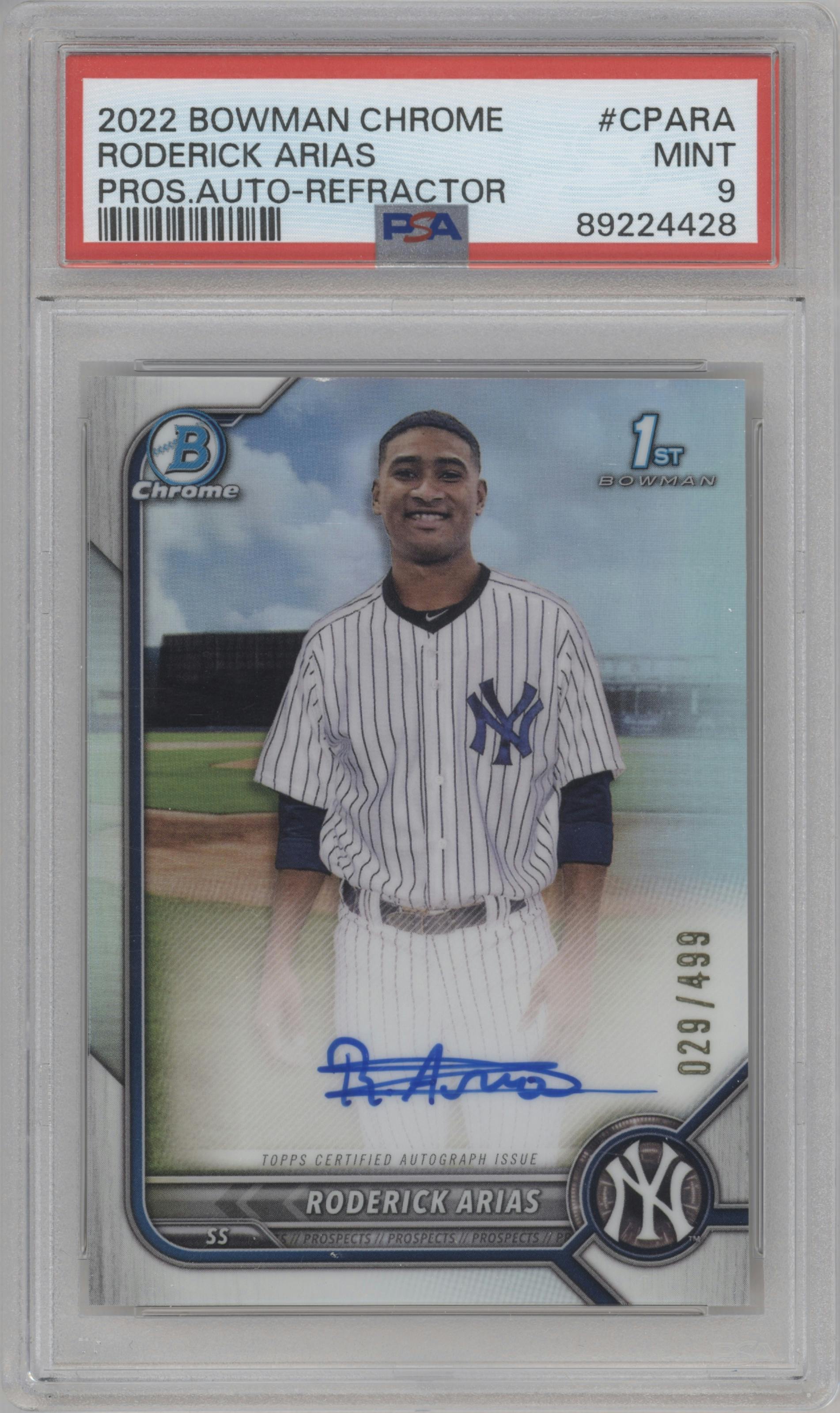 Roderick Arias from the 2022 Bowman Chrome set featuring a Refractor parallel graded by PSA and given an overall grade of 9.