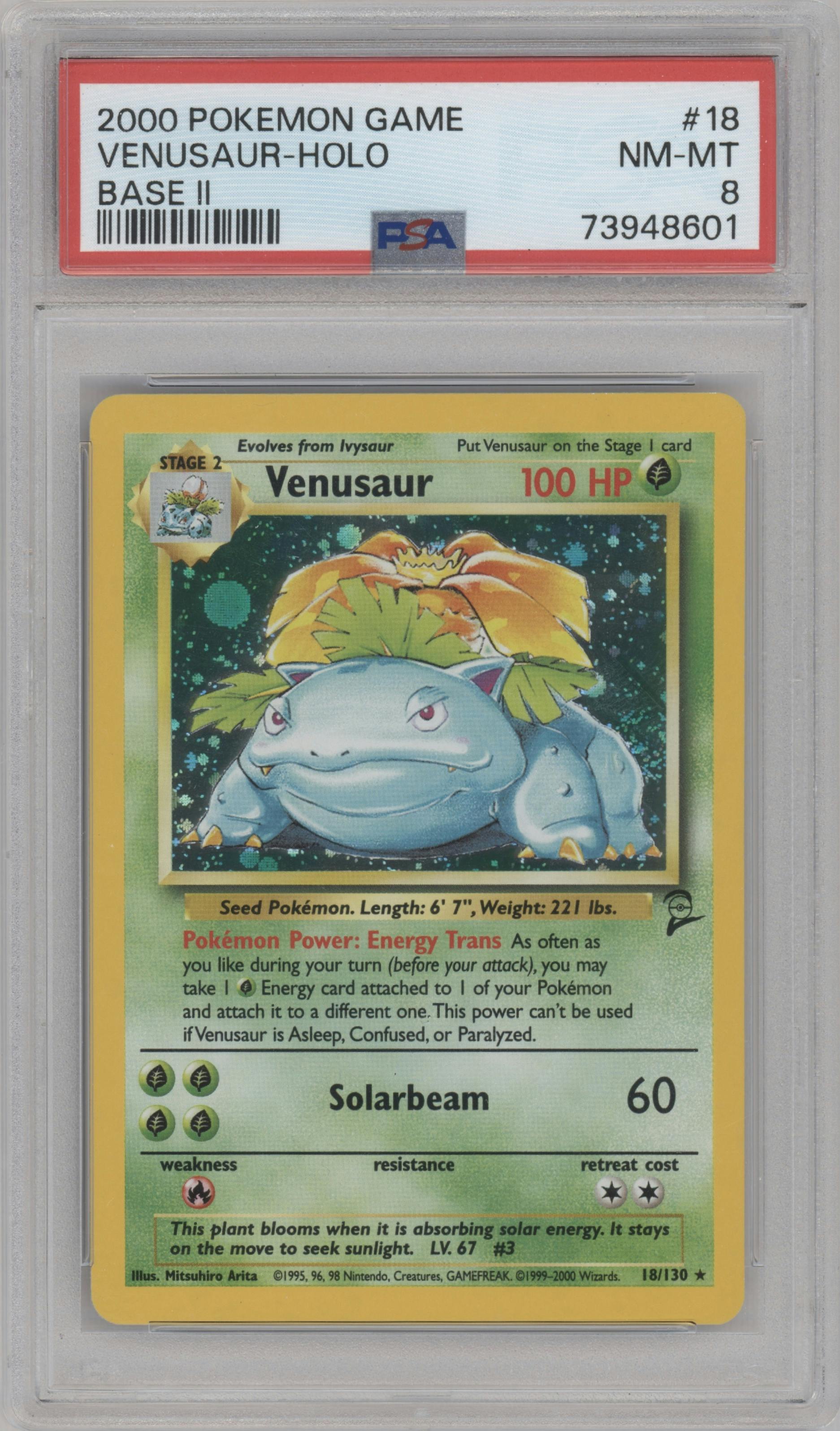Venusaur from the 2000 Pokemon set graded by PSA and given an overall grade of 8.