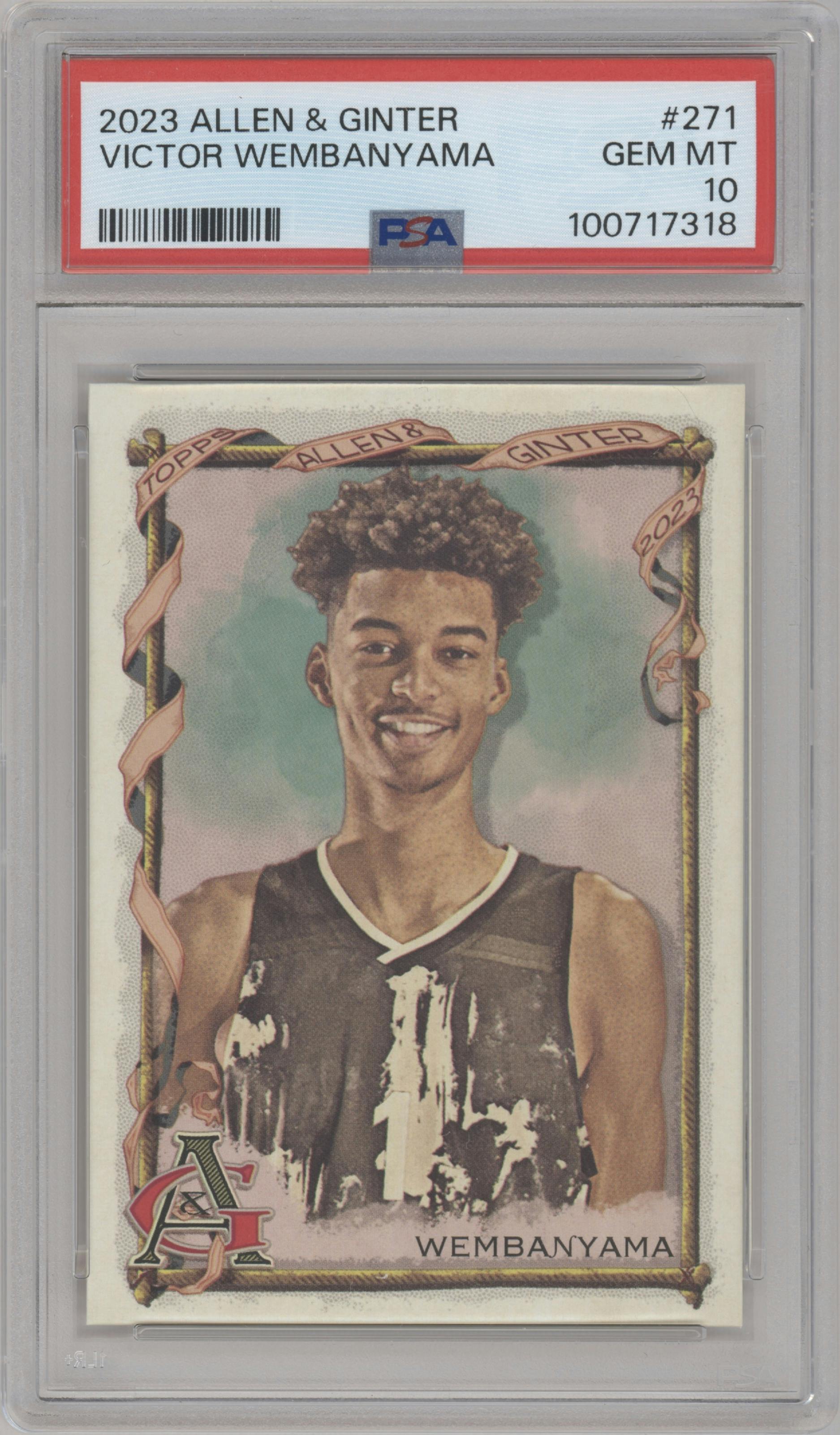 Victor Wembanyama from the 2023 Topps Allen & Ginter set graded by PSA and given an overall grade of 10.