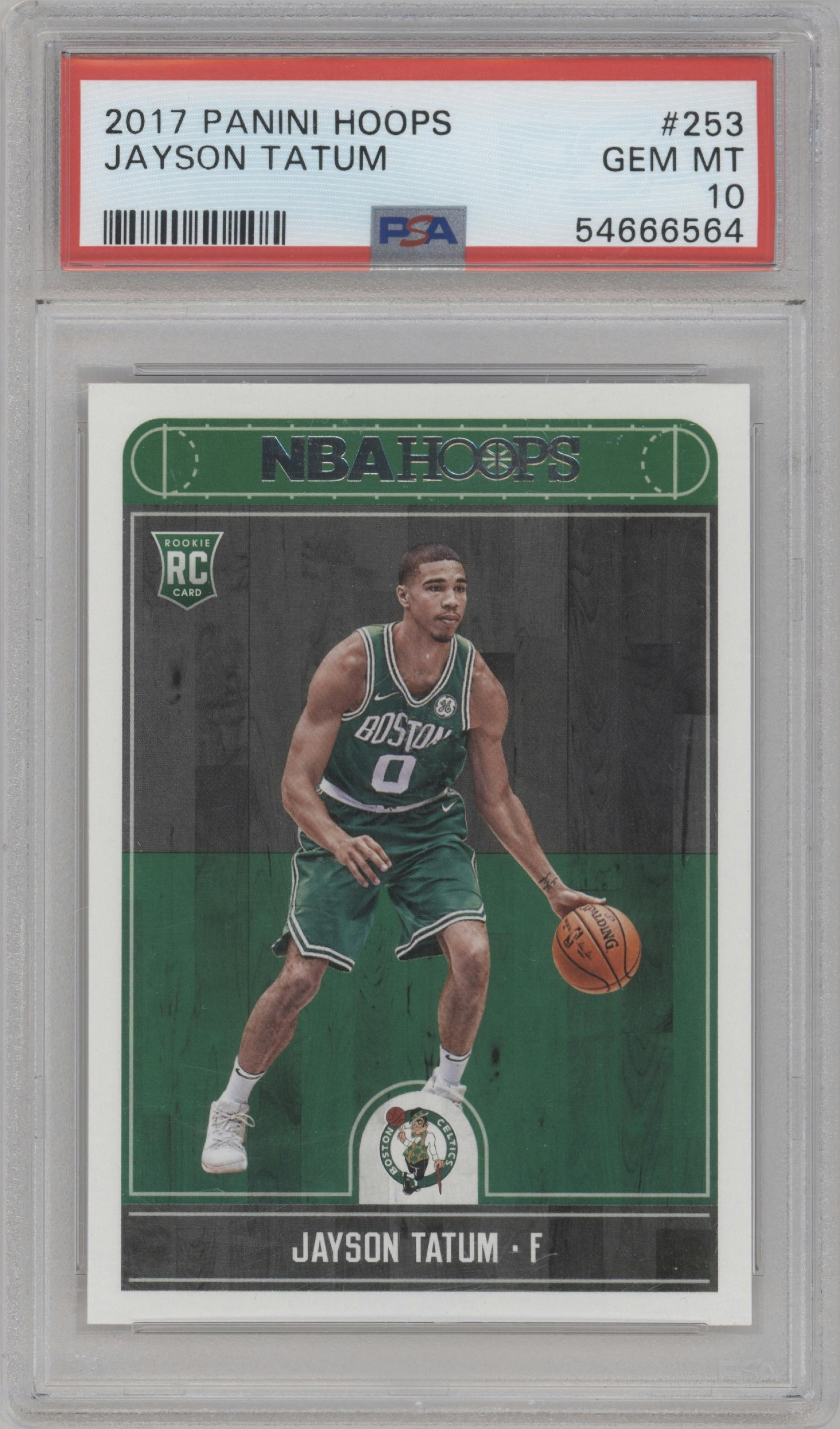 Jayson Tatum from the 2017-18 Panini NBA Hoops set graded by PSA and given an overall grade of 10.