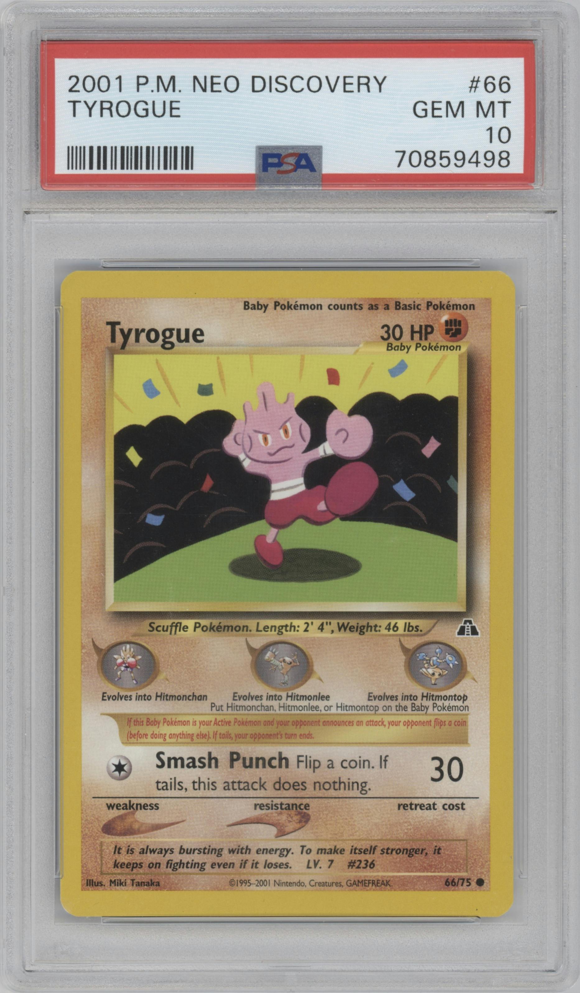 Tyrogue from the 2001 Pokemon Neo Genesis set graded by PSA and given an overall grade of 10.