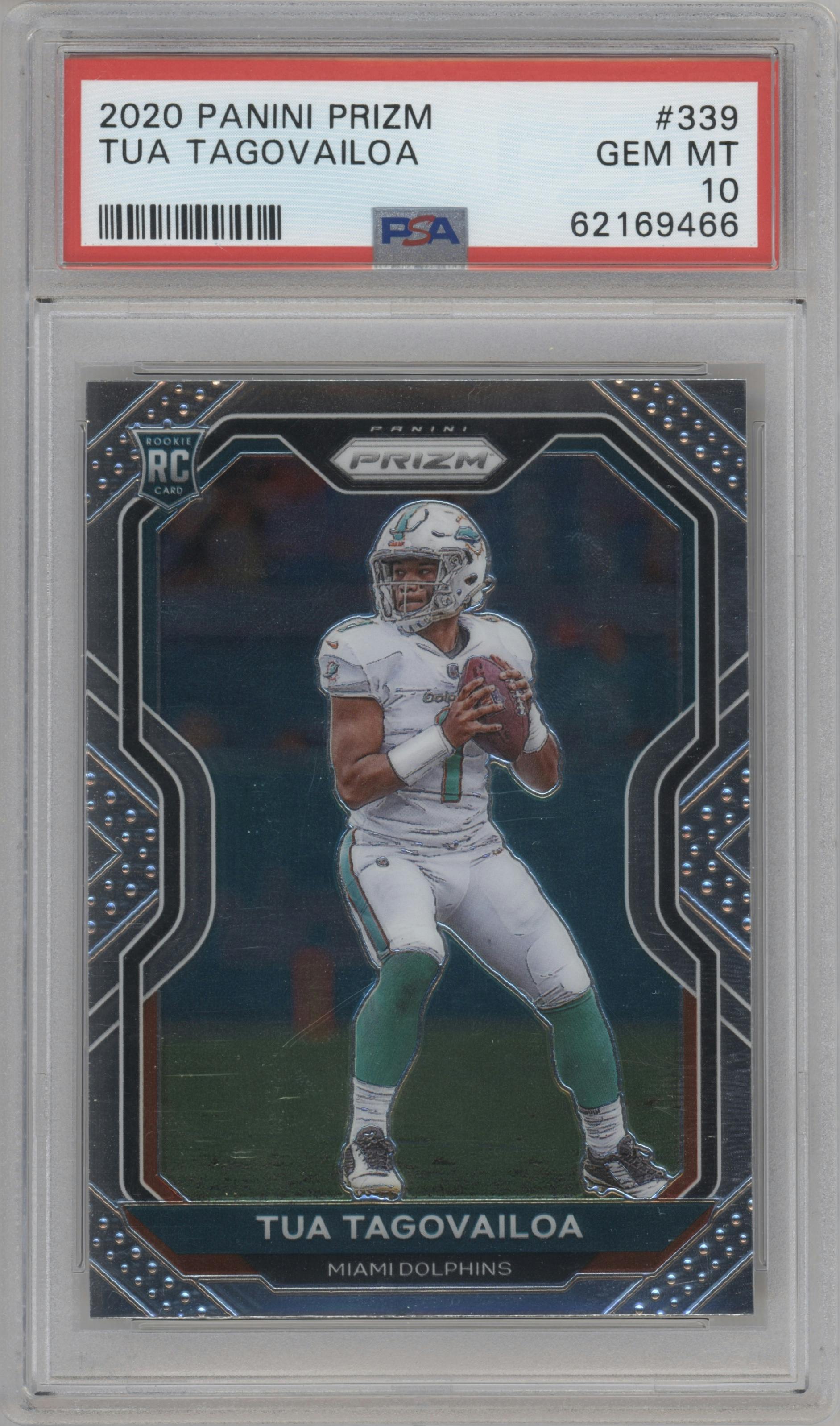 Tua Tagovailoa from the 2020 Panini Prizm set graded by PSA and given an overall grade of 10.