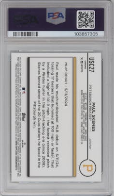 Paul Skenes from the 2024 Topps Chrome Update set featuring a Green Refractor parallel graded by PSA and given an overall grade of 10.