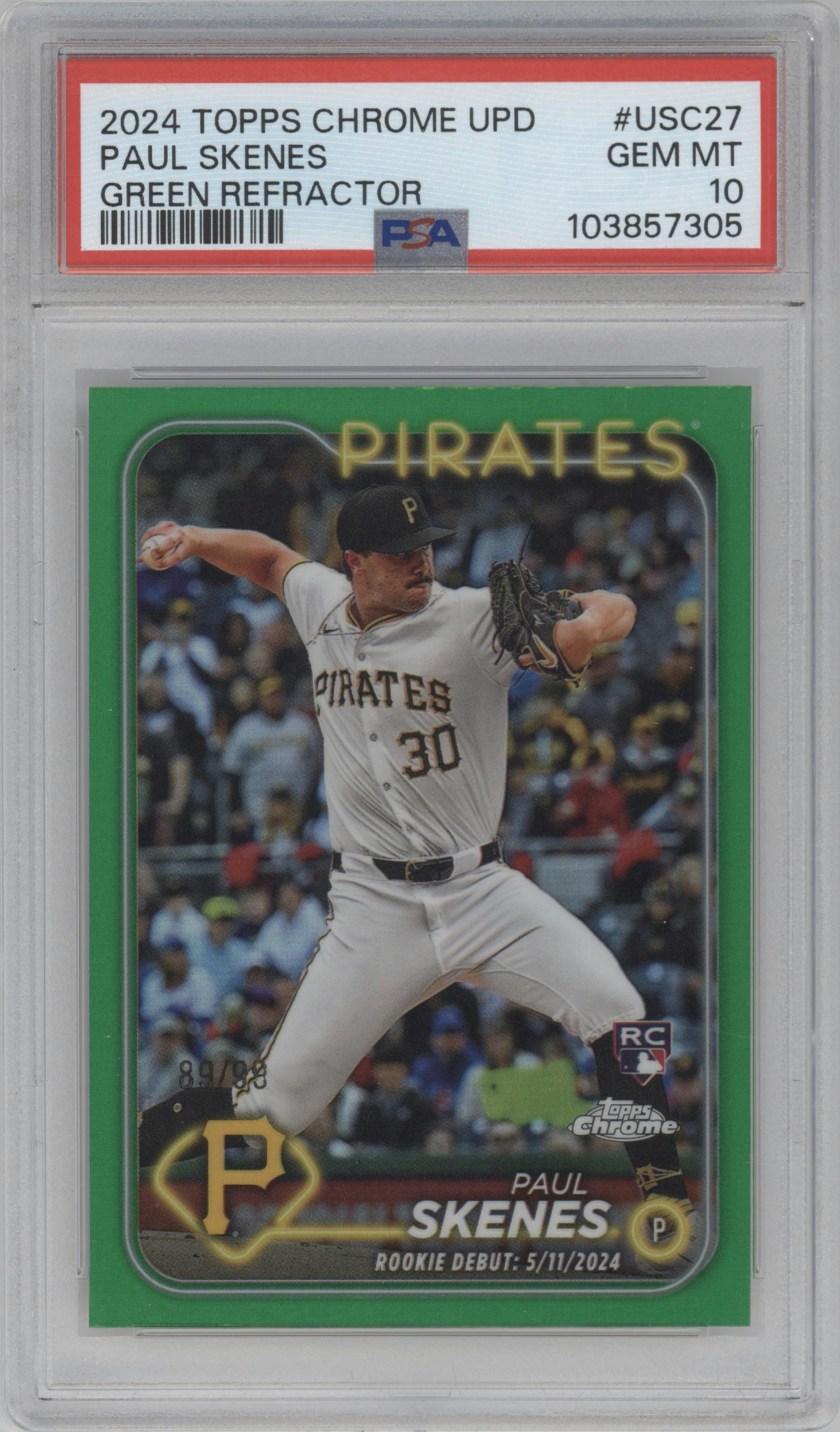Paul Skenes from the 2024 Topps Chrome Update set featuring a Green Refractor parallel graded by PSA and given an overall grade of 10.