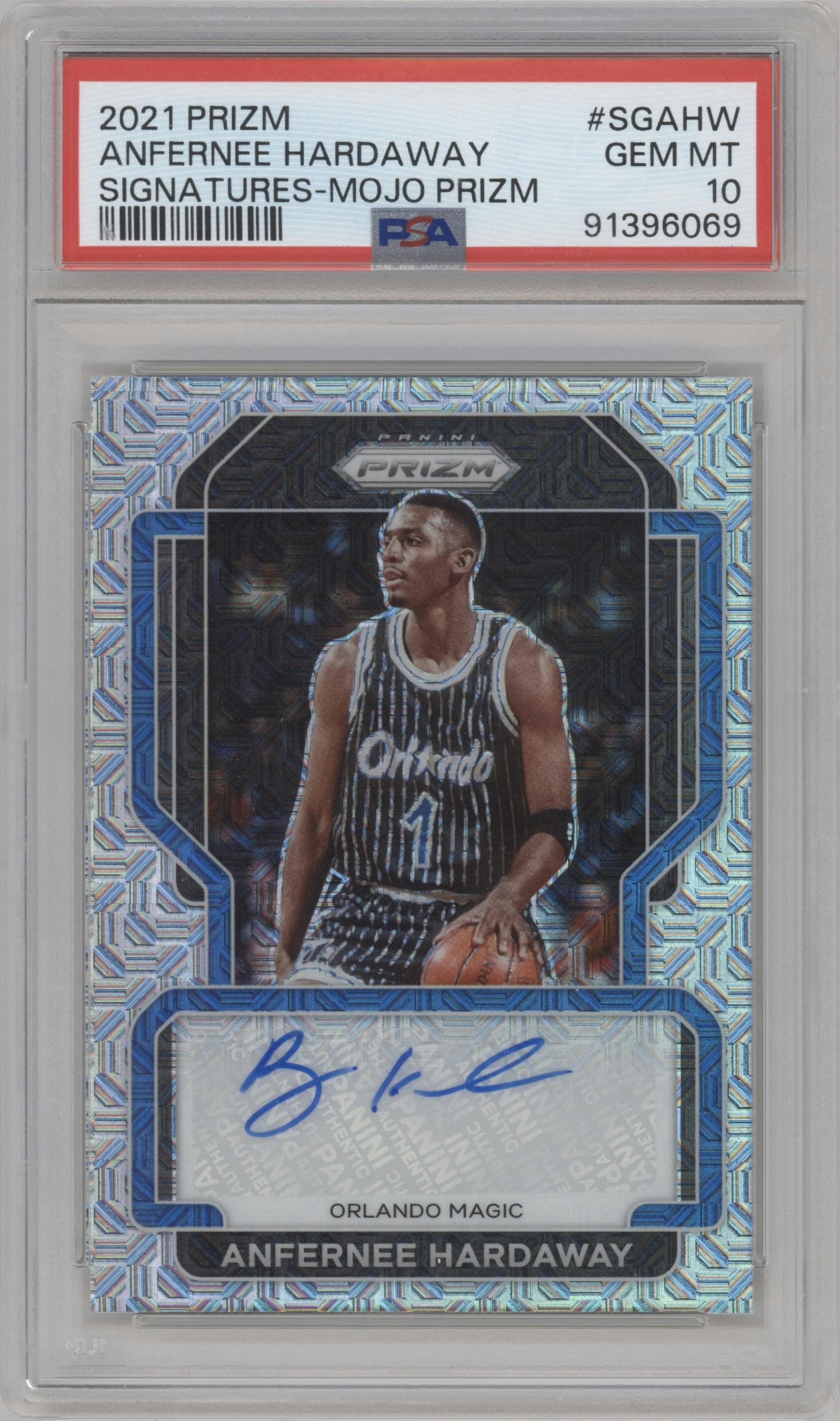 Anfernee Hardaway from the 2021-22 Panini Prizm  set featuring a Mojo Prizm parallel graded by PSA and given an overall grade of 10.