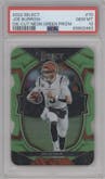 Joe Burrow from the 2022 Panini Select set featuring a Die-Cut Neon Green parallel graded by PSA and given an overall grade of 10.