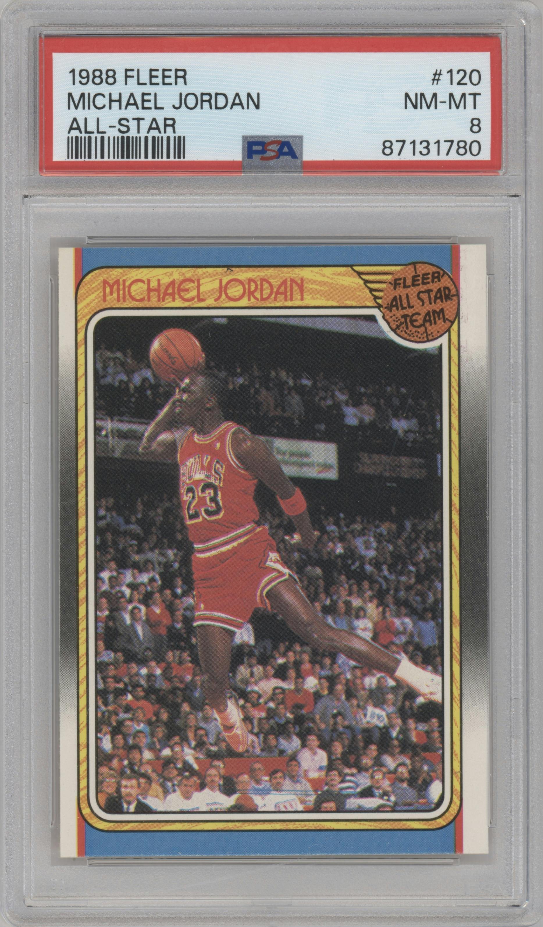 Michael Jordan from the 1988-89 Fleer set graded by PSA and given an overall grade of 8.