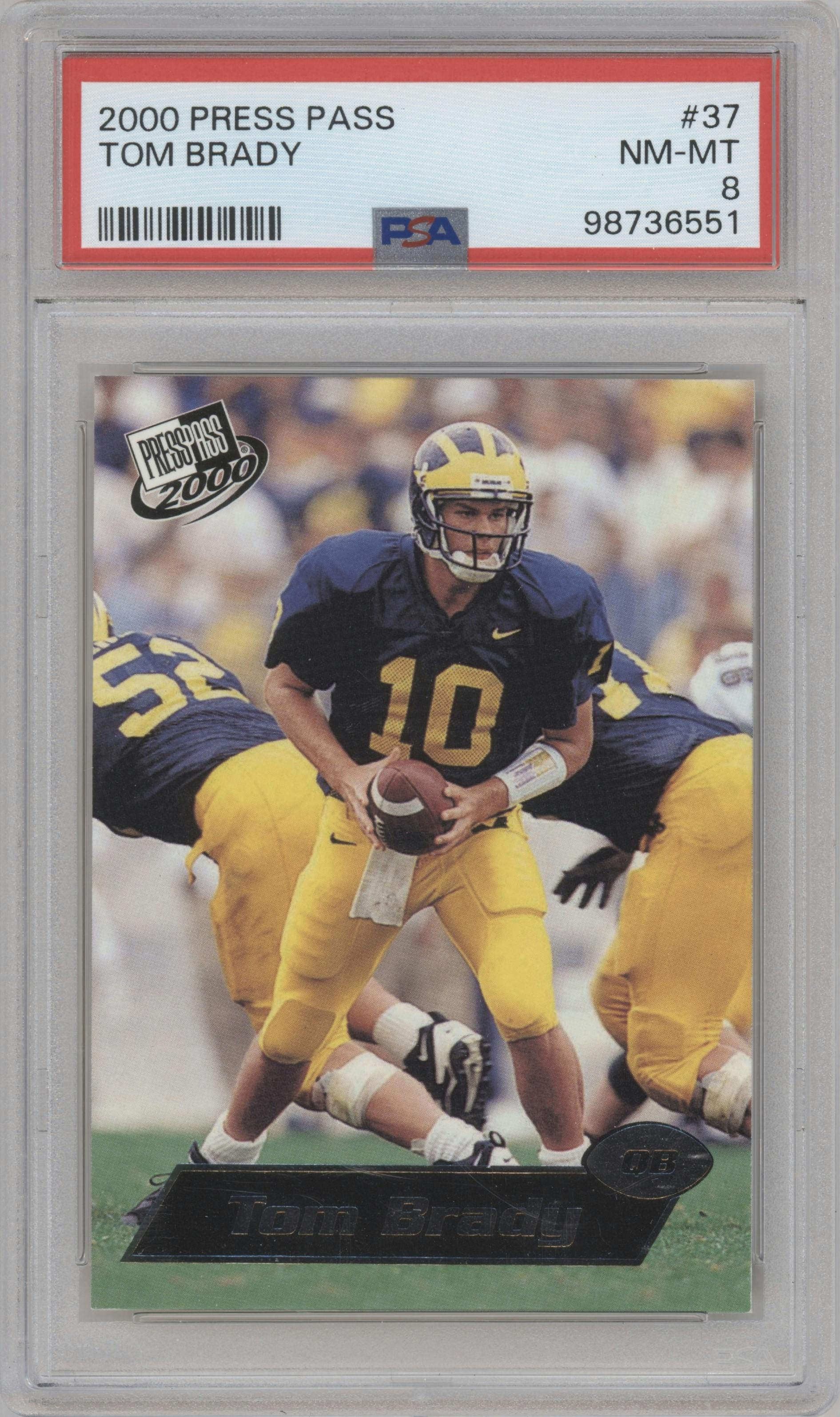 Tom Brady from the 2000 Press Pass set graded by PSA and given an overall grade of 8.