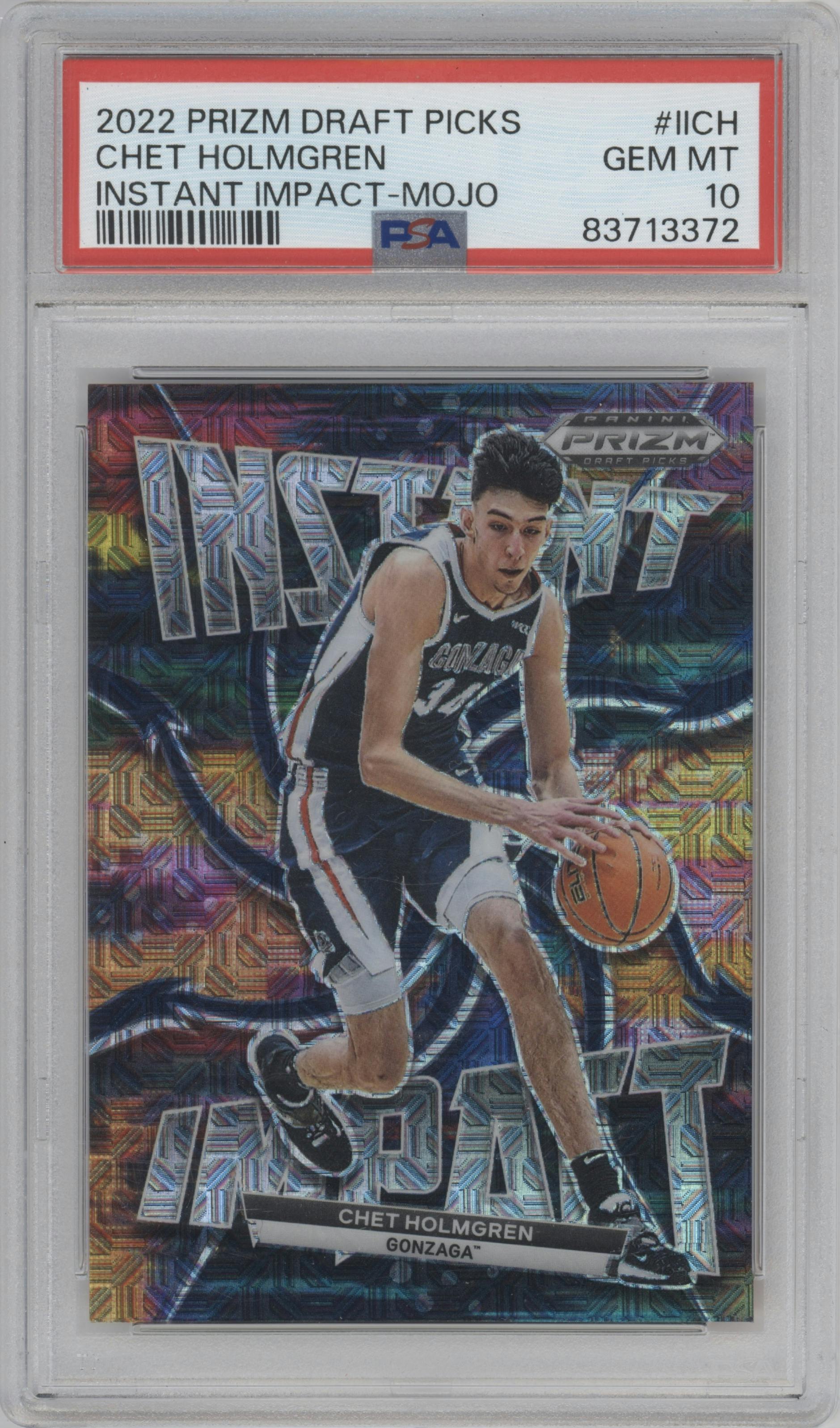 Chet Holmgren from the 2022-23 Panini Prizm Draft Picks set featuring a Mojo parallel graded by PSA and given an overall grade of 10.