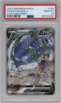 Rayquaza V from the 2021 Pokemon SWSH set graded by PSA and given an overall grade of 10.