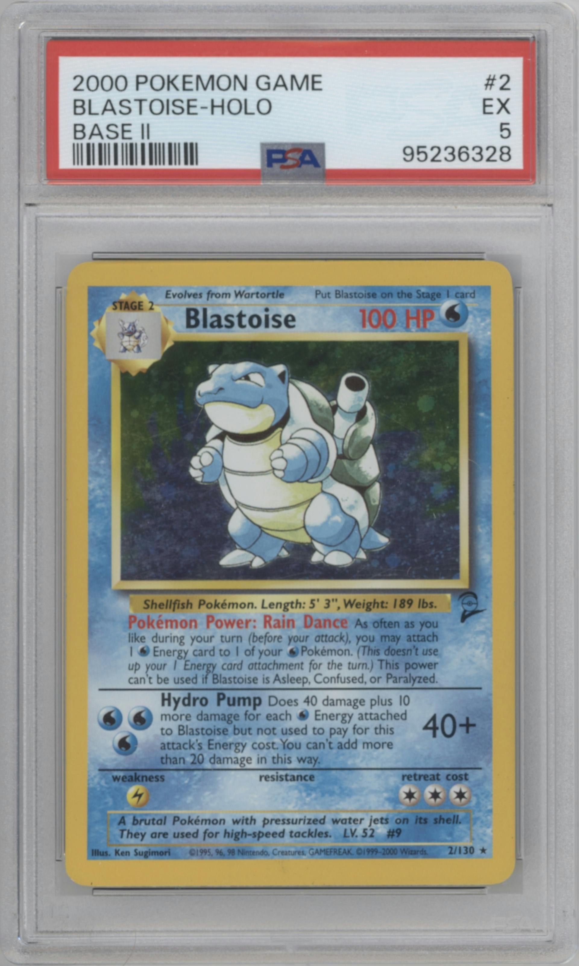Blastoise from the 2000 Pokemon set graded by PSA and given an overall grade of 5.