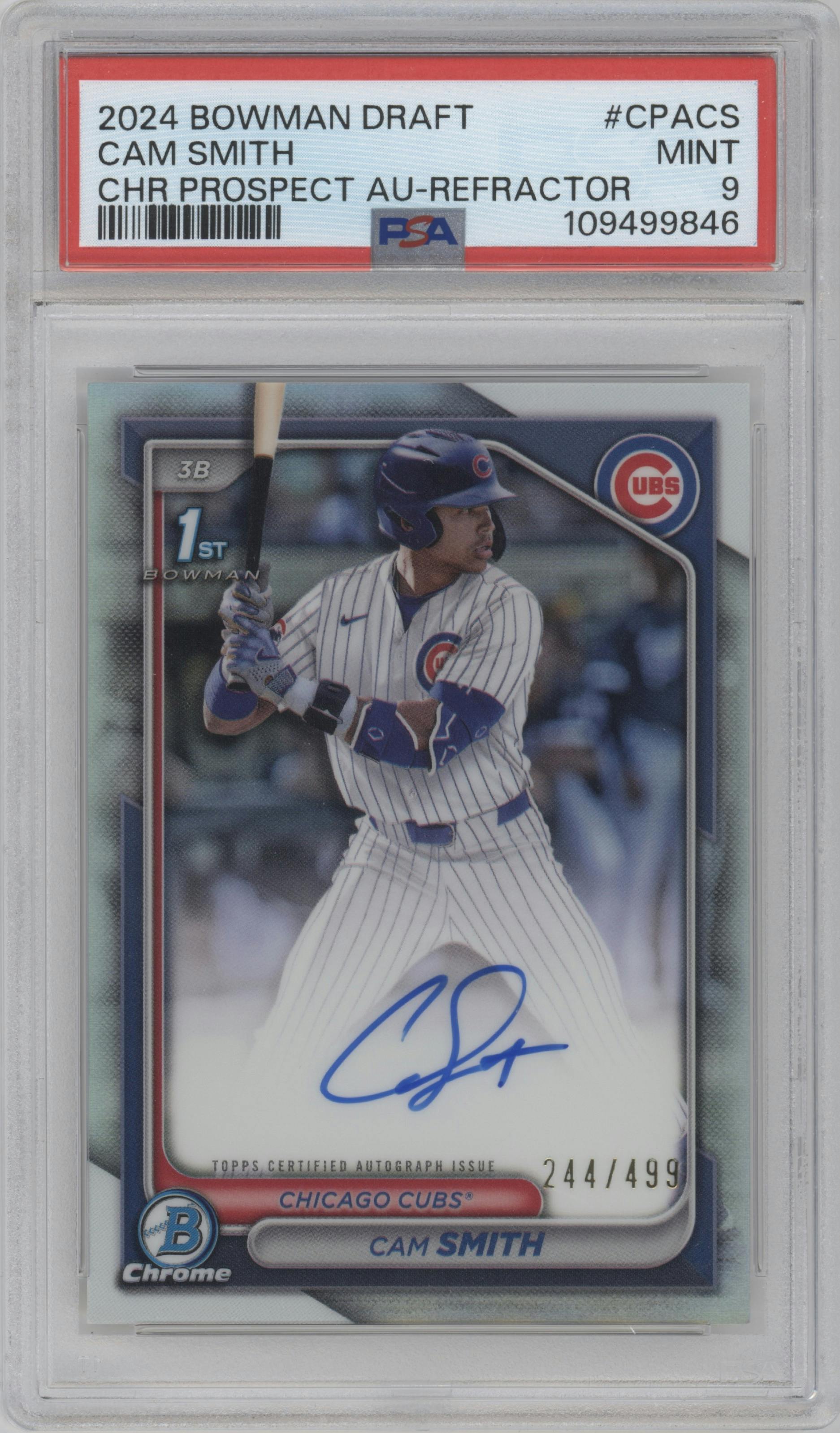 Cam Smith from the 2024 Bowman Draft set featuring a Refractor parallel graded by PSA and given an overall grade of 9.