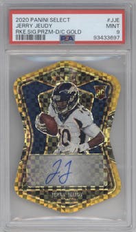 Jerry Jeudy from the 2020 Panini Select set featuring a Die-Cut Gold parallel graded by PSA and given an overall grade of 9.