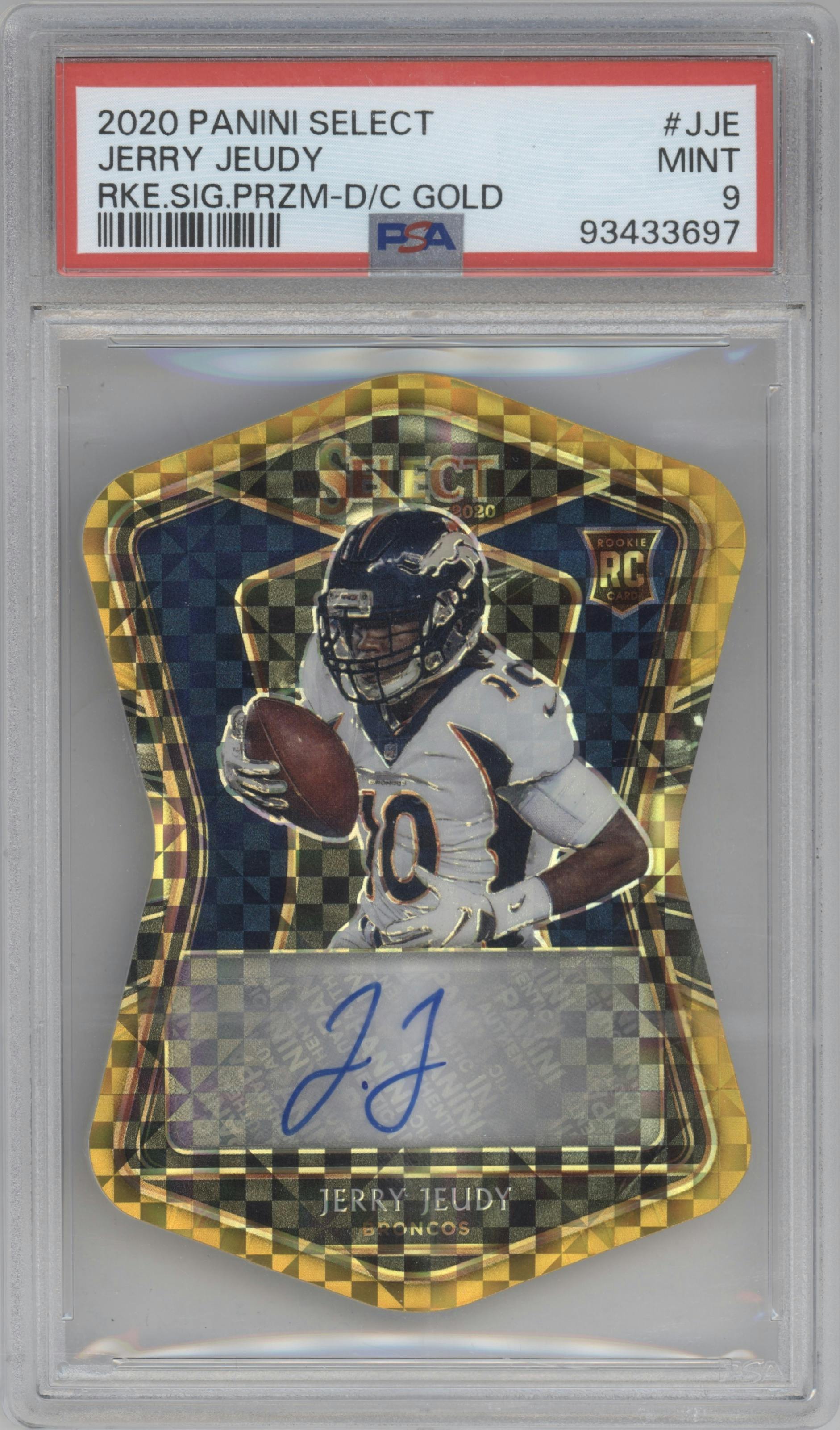 Jerry Jeudy from the 2020 Panini Select set featuring a Die-Cut Gold parallel graded by PSA and given an overall grade of 9.