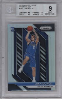 Luka Doncic from the 2018-19 Panini Prizm set featuring a Silver Prizm parallel graded by Beckett and given an overall grade of 9.