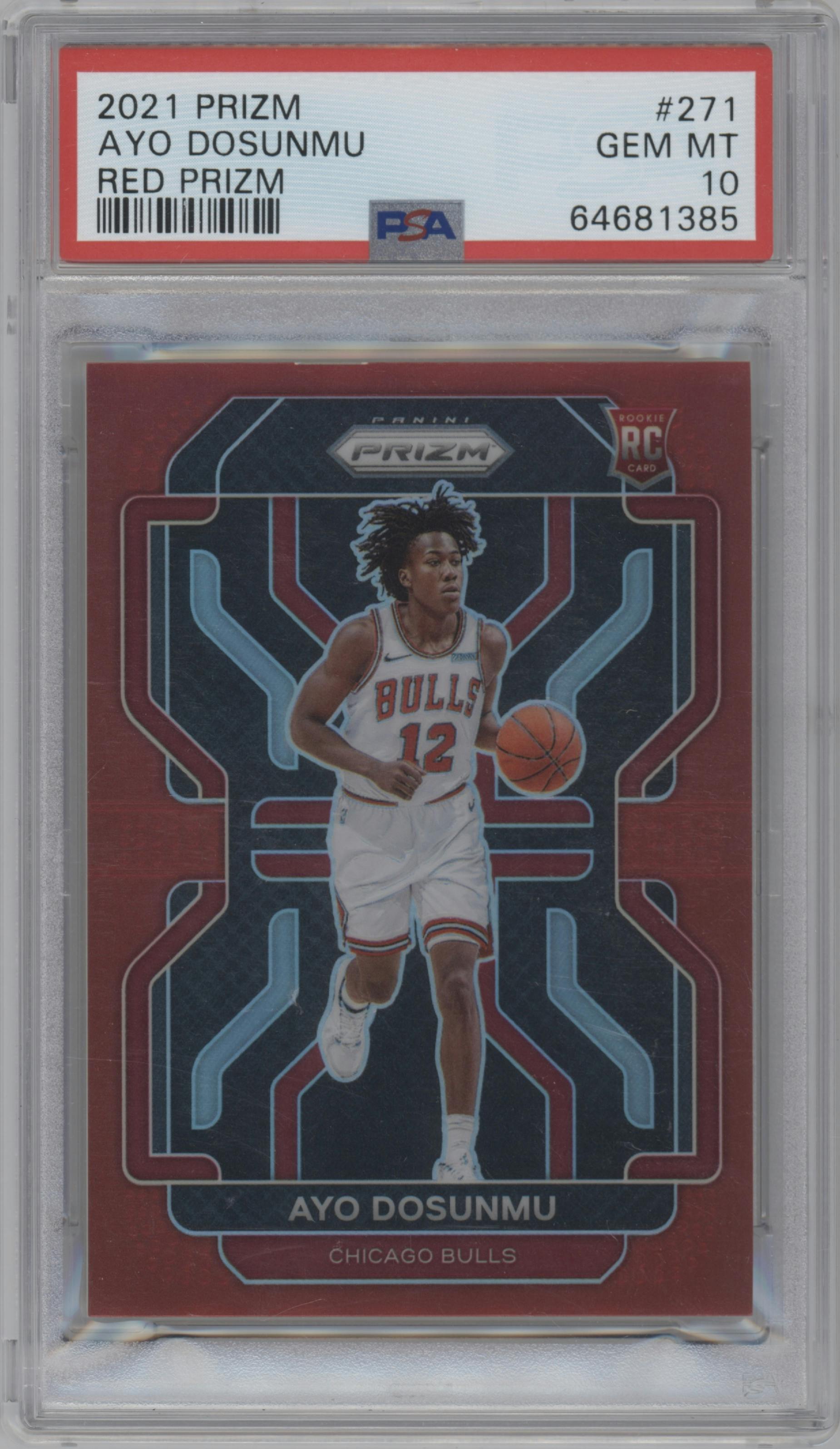 Ayo Dosunmu from the 2021-22 Panini Prizm  set featuring a Red Prizm parallel graded by PSA and given an overall grade of 10.
