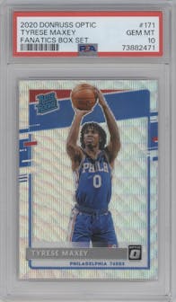 Tyrese Maxey from the 2020-21 Panini Donruss Optic set featuring a Fanatics Box Set parallel graded by PSA and given an overall grade of 10.