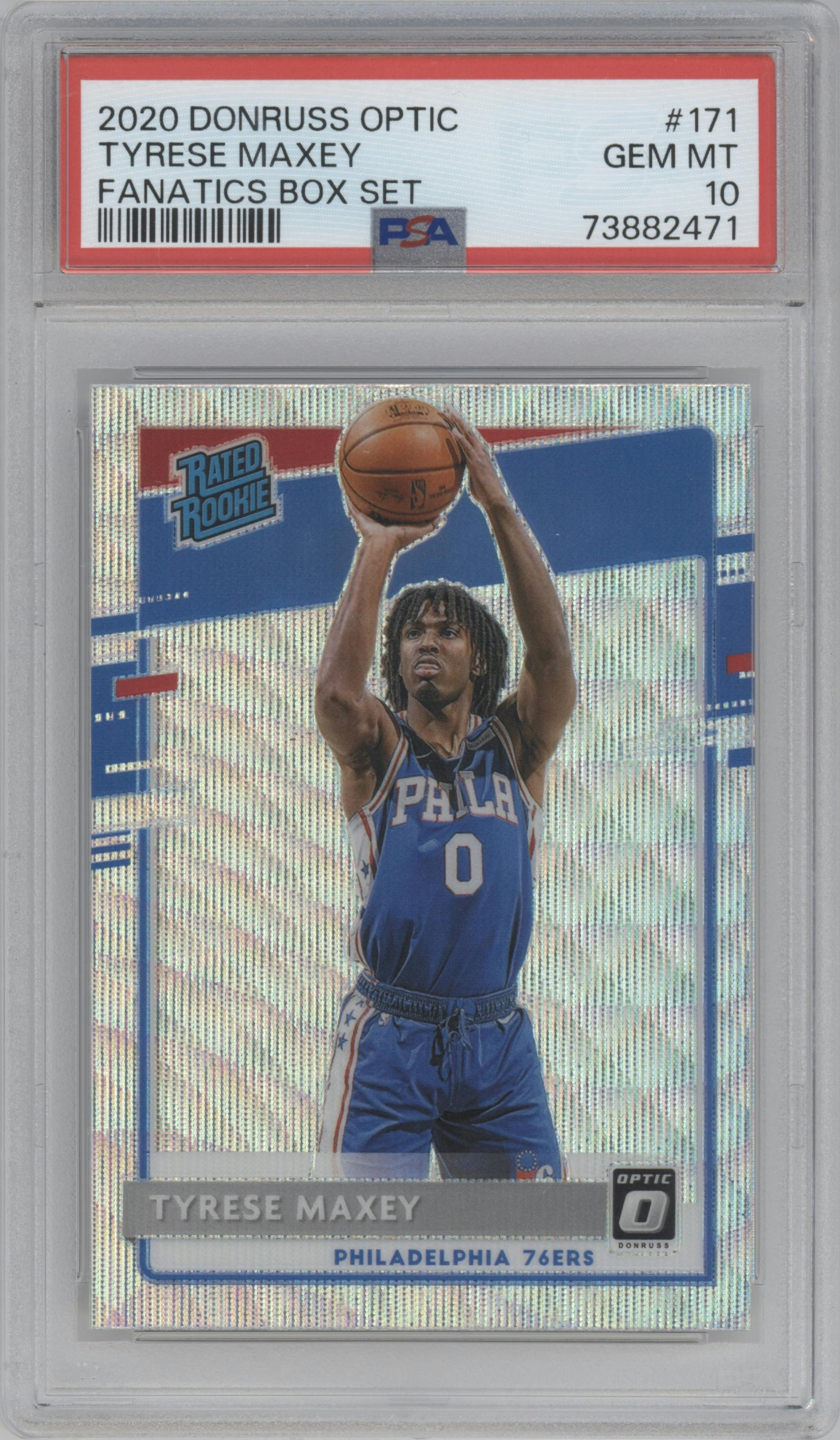 Tyrese Maxey from the 2020-21 Panini Donruss Optic set featuring a Fanatics Box Set parallel graded by PSA and given an overall grade of 10.