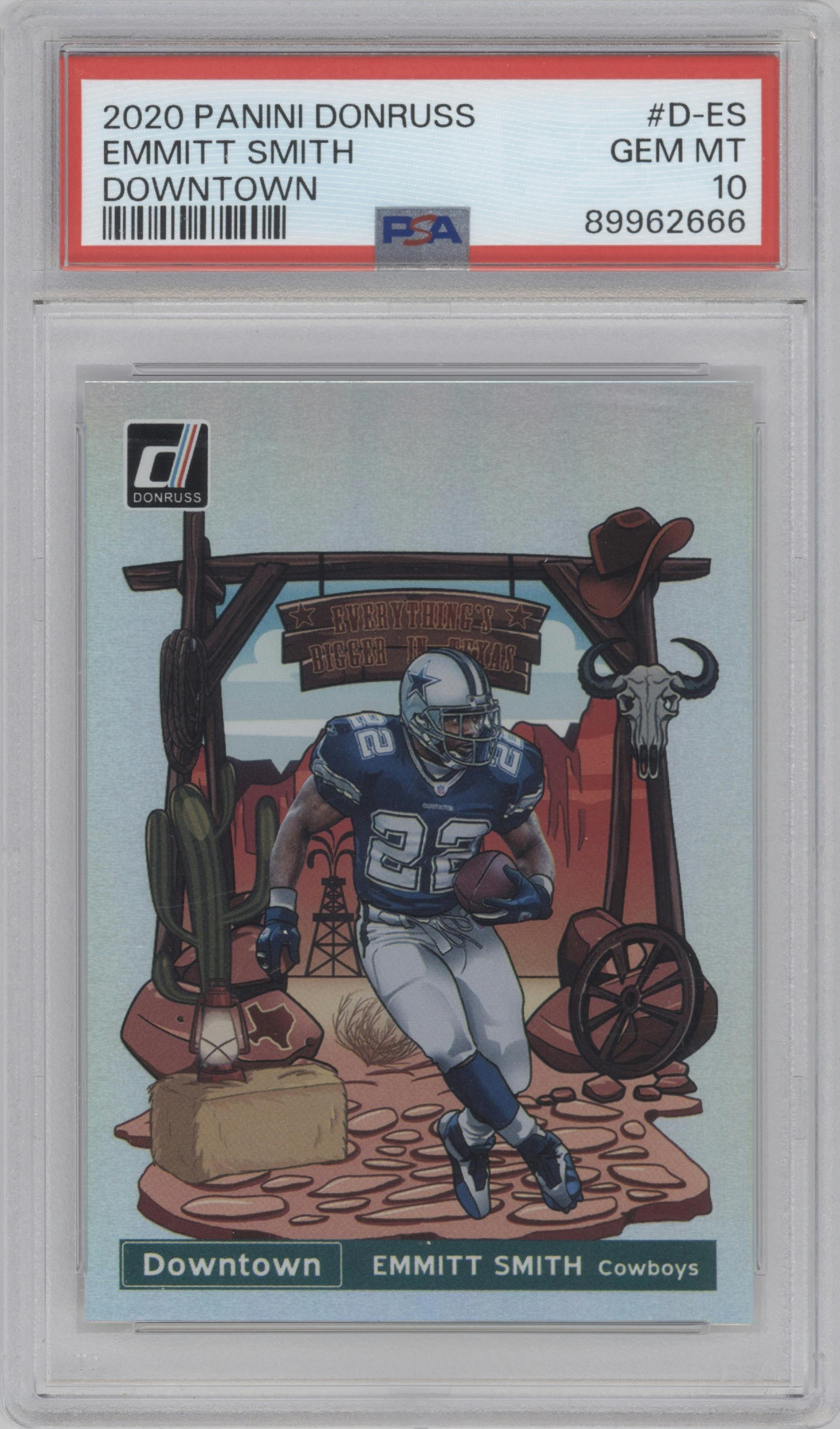 Emmitt Smith from the 2020 Panini Donruss set graded by PSA and given an overall grade of 10.