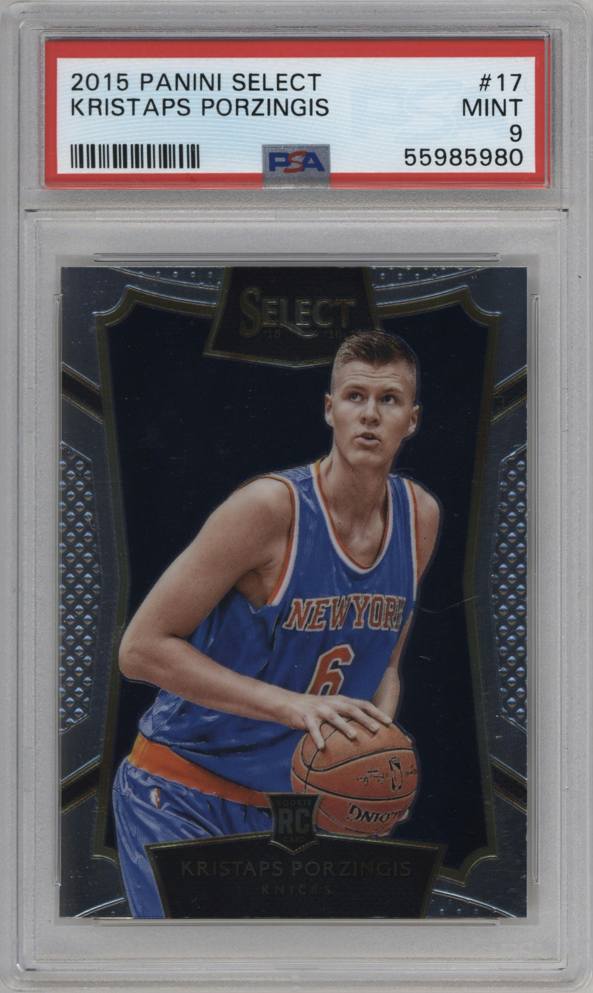 Kristaps Porzingis from the 2015-16 Panini Select  set graded by PSA and given an overall grade of 9.