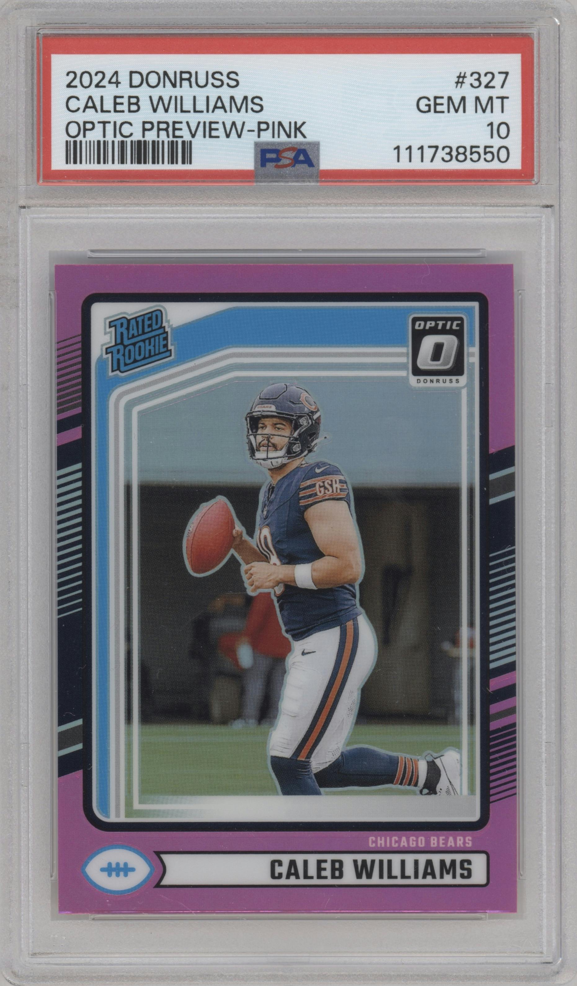 Caleb Williams from the 2024 Donruss set featuring a Pink parallel graded by PSA and given an overall grade of 10.