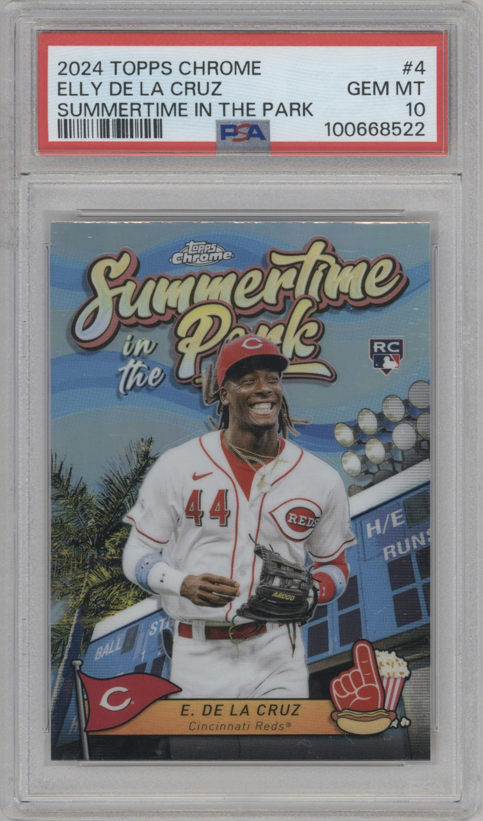 Elly De La Cruz from the 2024 Topps Chrome set graded by PSA and given an overall grade of 10.