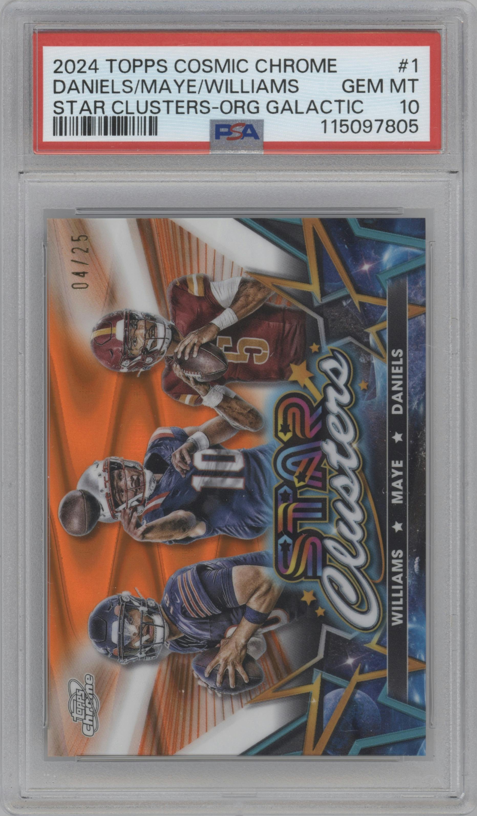 Caleb Williams/Drake Maye/Jayden Daniels from the 2024 Topps Cosmic Chrome set featuring a Orange Galactic Refractor parallel graded by PSA and given an overall grade of 10.
