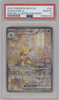 Alakazam EX from the 2023 Pokemon SV set graded by PSA and given an overall grade of 10.