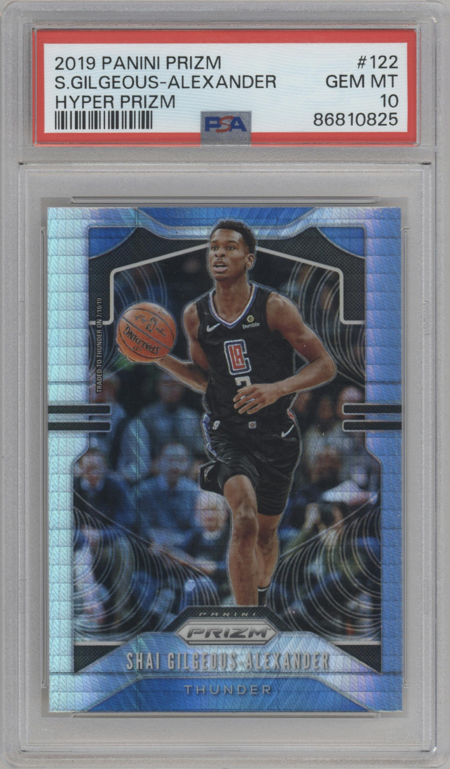 Shai Gilgeous-Alexander from the 2019-20 Panini Prizm set featuring a Hyper parallel graded by PSA and given an overall grade of 10.