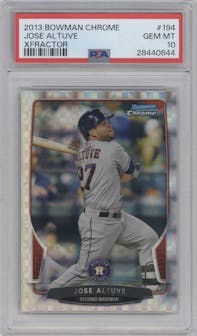 Jose Altuve from the 2013 Bowman Chrome set featuring a X-Fractor parallel graded by PSA and given an overall grade of 10.