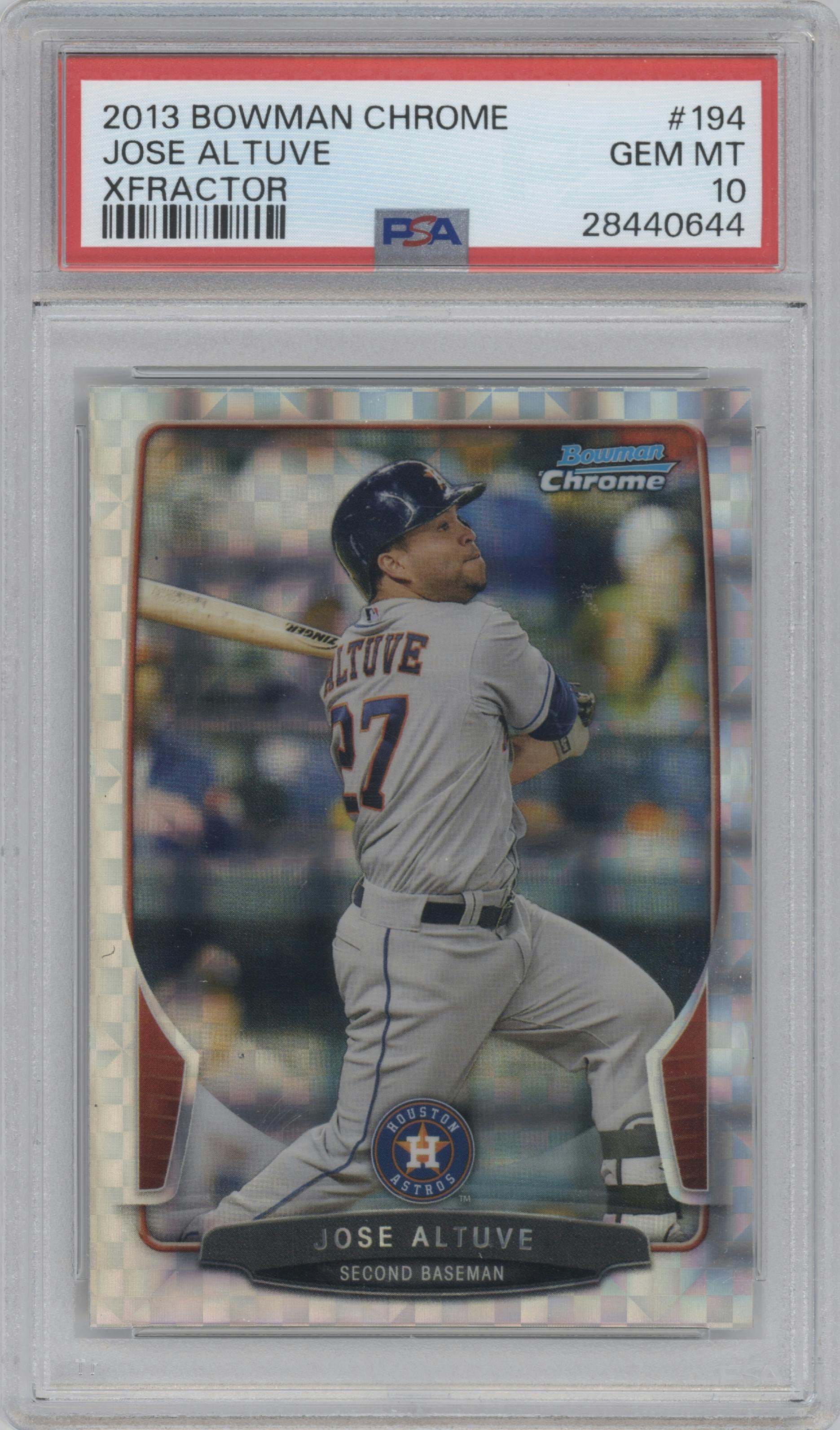 Jose Altuve from the 2013 Bowman Chrome set featuring a X-Fractor parallel graded by PSA and given an overall grade of 10.