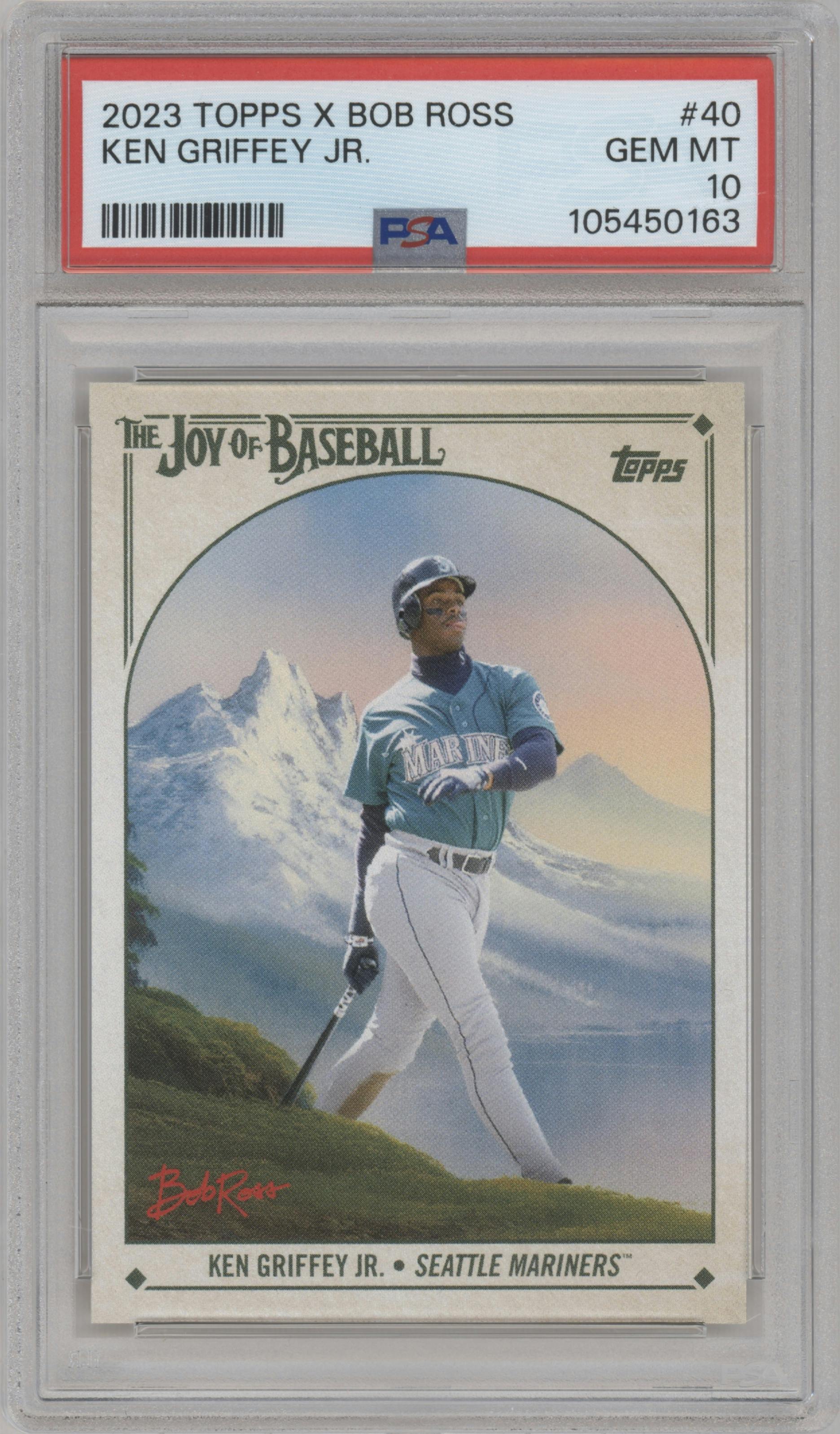 Ken Griffey Jr. from the 2023 Topps X Bob Ross The Joy of Baseball set graded by PSA and given an overall grade of 10.