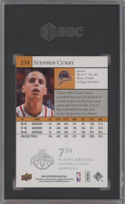Stephen Curry from the 2009-10 Upper Deck set graded by SGC and given an overall grade of 9.