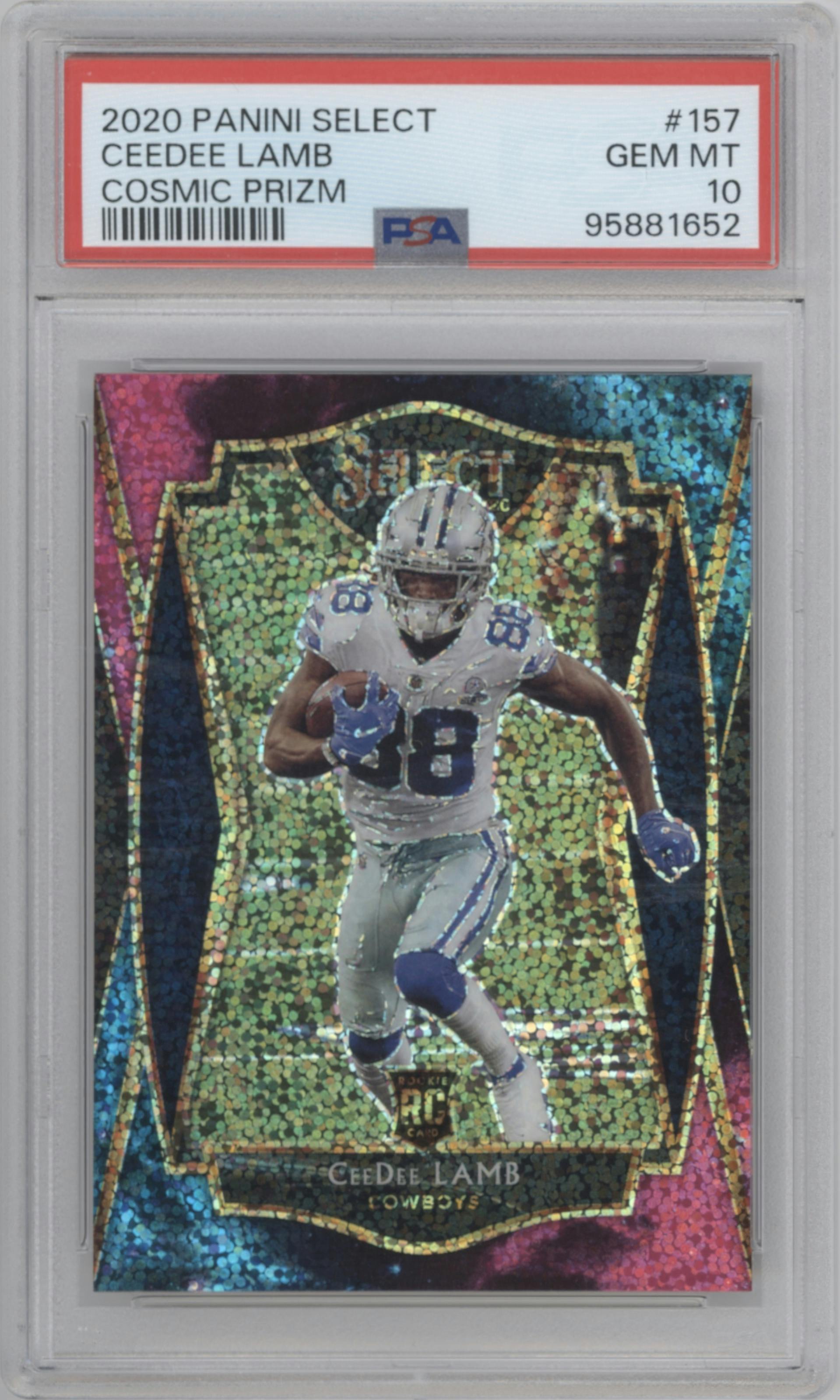 CeeDee Lamb from the 2020 Panini Select set featuring a Cosmic parallel graded by PSA and given an overall grade of 10.