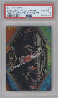 Shai Gilgeous-Alexander from the 2023-24 Panini Select  set featuring a Tie-Dye parallel graded by PSA and given an overall grade of 10.