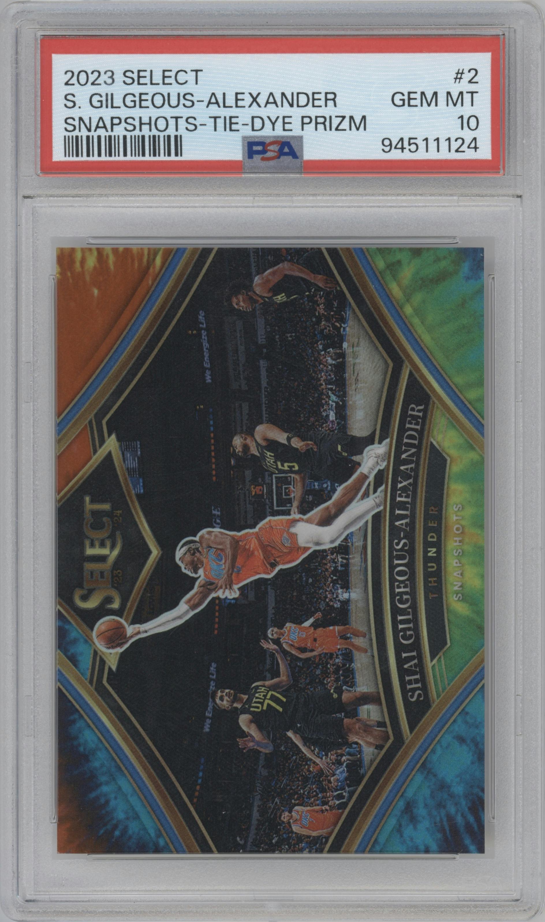 Shai Gilgeous-Alexander from the 2023-24 Panini Select  set featuring a Tie-Dye parallel graded by PSA and given an overall grade of 10.
