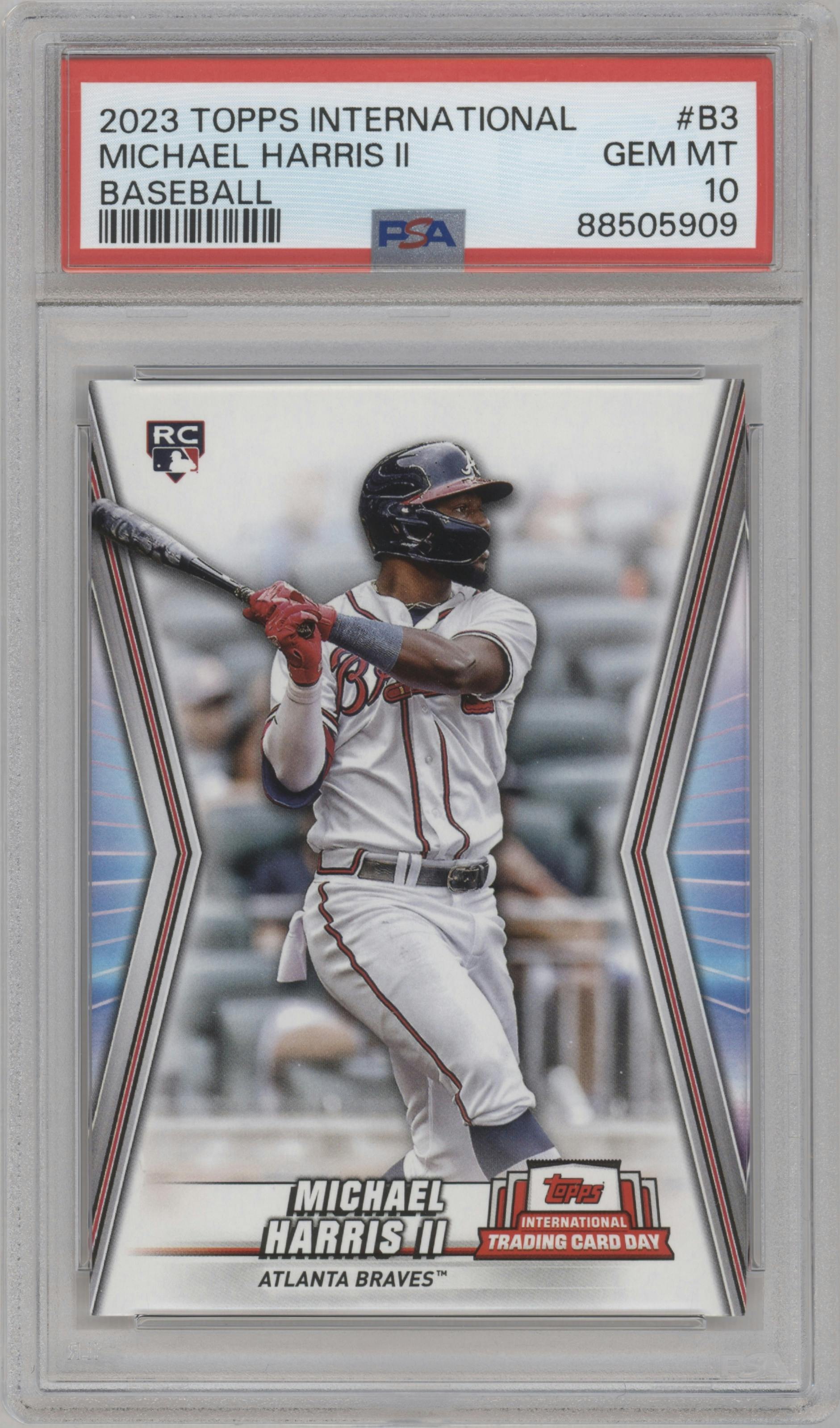 Michael Harris II from the 2023 Topps International Trading Card Day Promo Cards set graded by PSA and given an overall grade of 10.