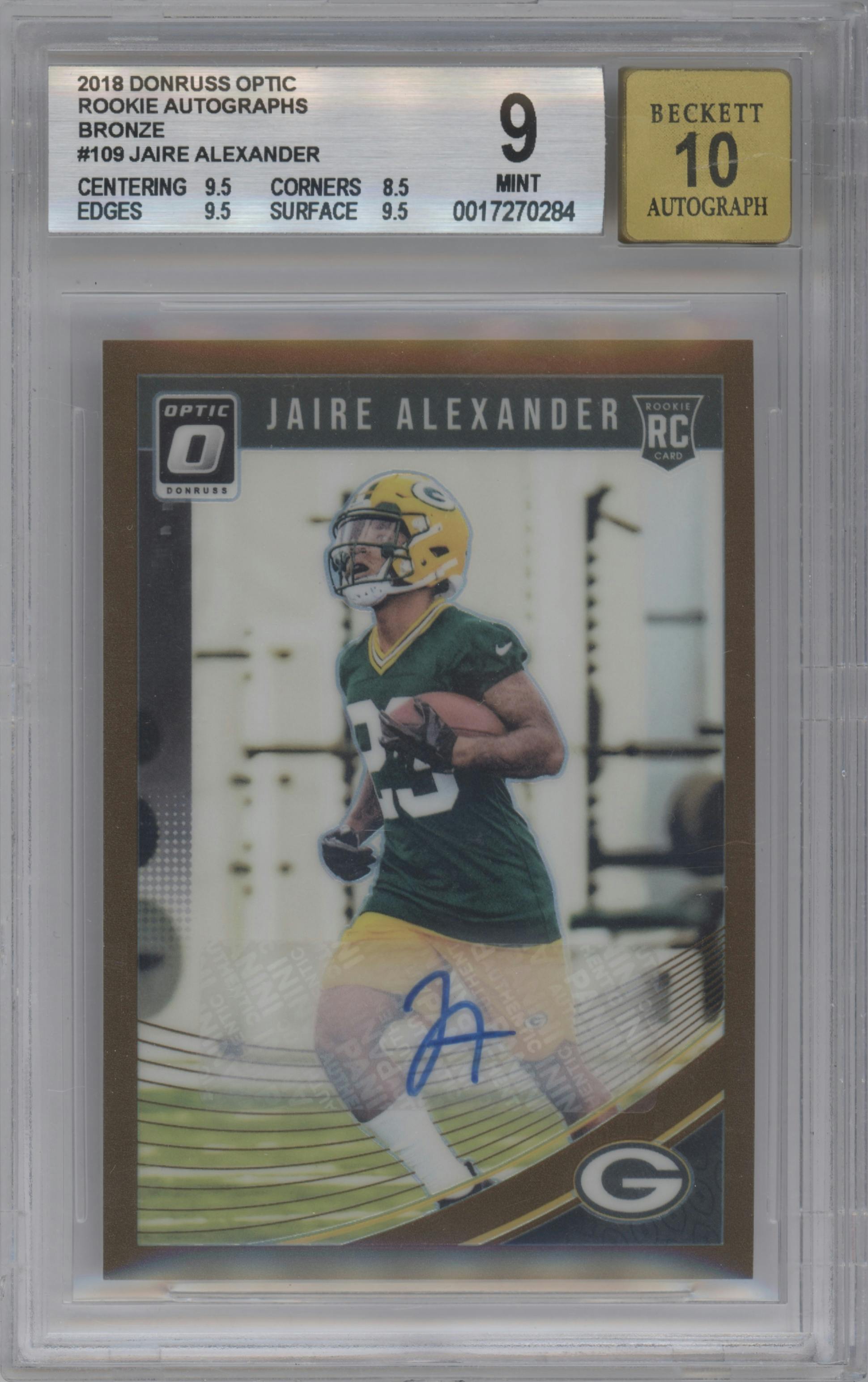 Jaire Alexander from the 2018 Panini Donruss Optic set featuring a Bronze parallel graded by Beckett and given an overall grade of 9.