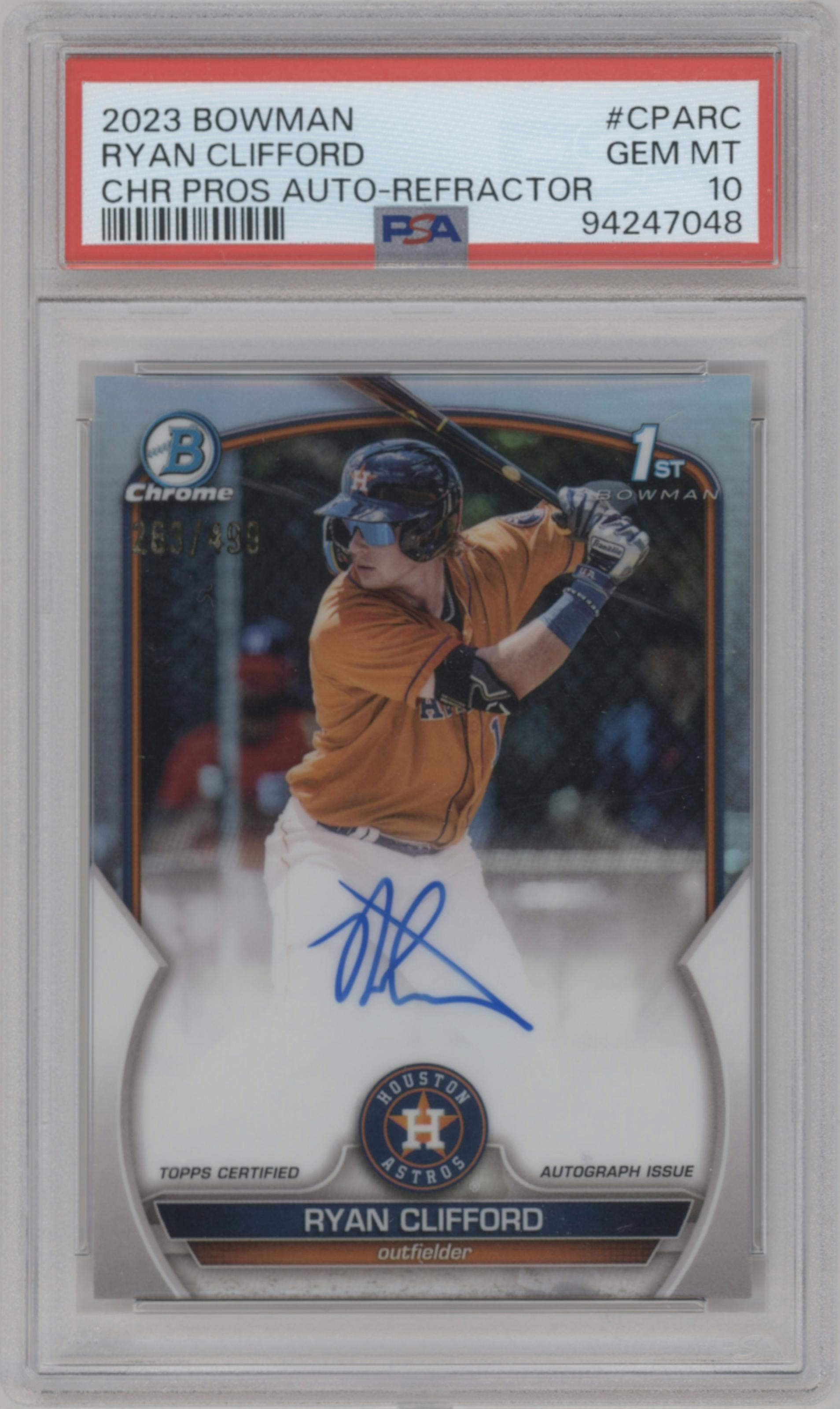 Ryan Clifford from the 2023 Bowman  set featuring a Refractor parallel graded by PSA and given an overall grade of 10.