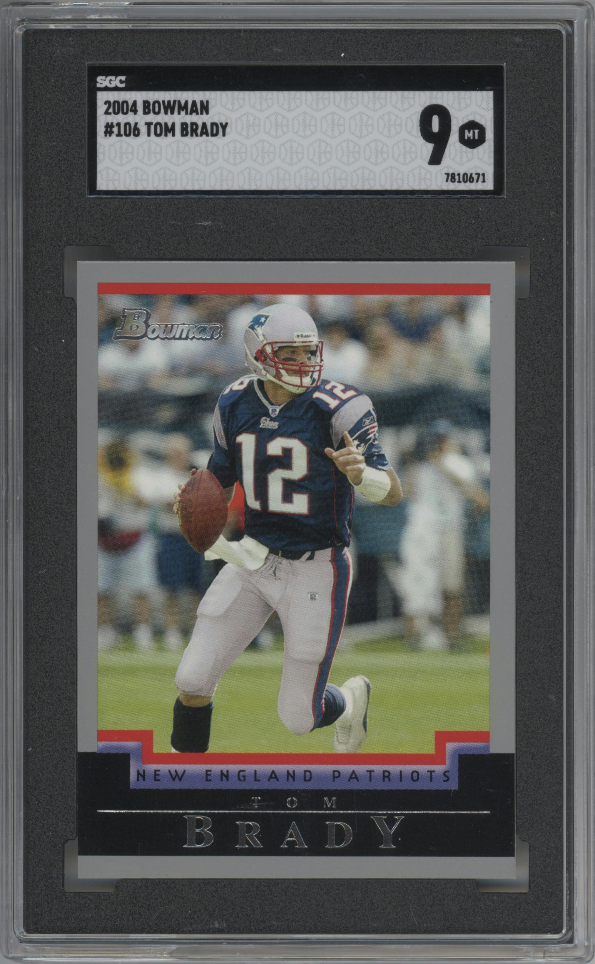 Tom Brady from the 2004 Bowman set graded by SGC and given an overall grade of 9.