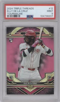 Elly De La Cruz from the 2024 Topps Triple Threads set featuring a Tourmaline parallel graded by PSA and given an overall grade of 9.