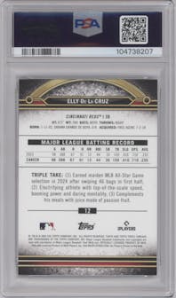 Elly De La Cruz from the 2024 Topps Triple Threads set featuring a Tourmaline parallel graded by PSA and given an overall grade of 9.