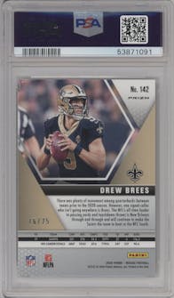 Drew Brees from the 2020 Panini Mosaic set featuring a White Mosaic parallel graded by PSA and given an overall grade of 10.