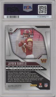 Jayden Daniels from the 2024 Panini Prizm set graded by PSA and given an overall grade of 10.